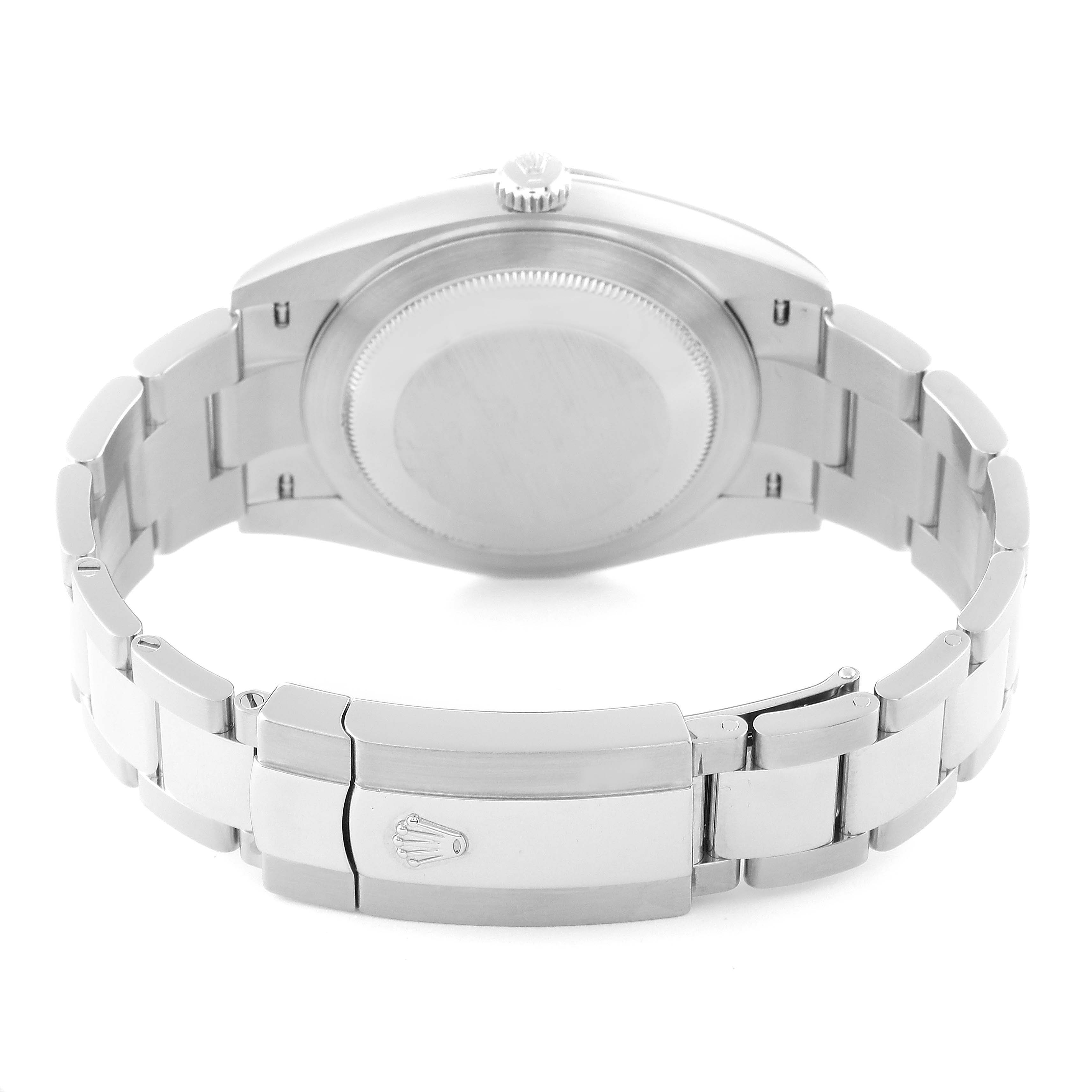 This image shows the back of the Rolex Datejust 41 126334 Men's Stainless Steel Blue Dial 126334 Men's Stainless Steel Blue Dial watch, including its case back and the clasp of its metal bracelet.