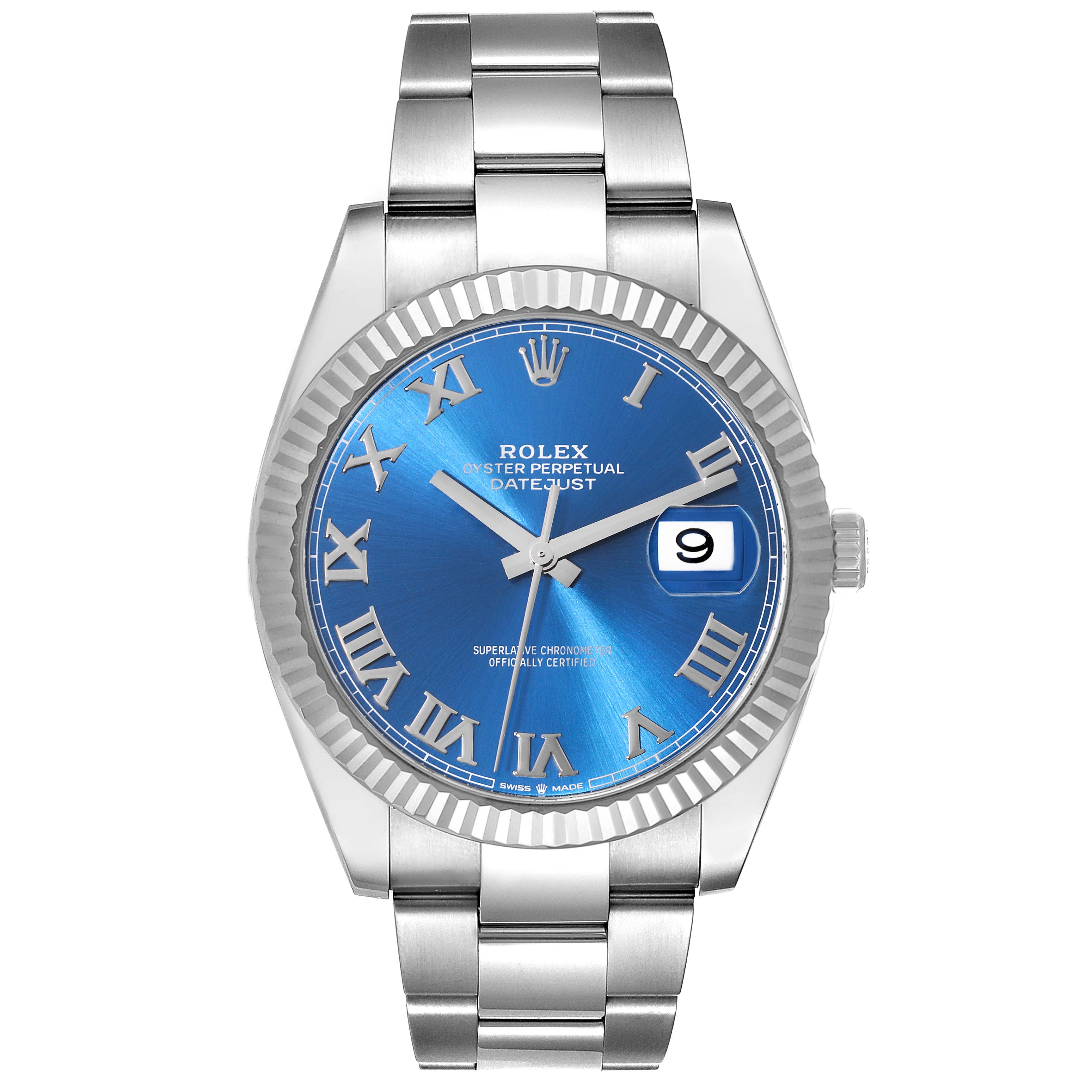 The Rolex Datejust 41 126334 Men's Stainless Steel Blue Dial 126334 Men's Stainless Steel Blue Dial watch is shown from a front angle, featuring a blue dial, stainless steel bracelet, and a date window.