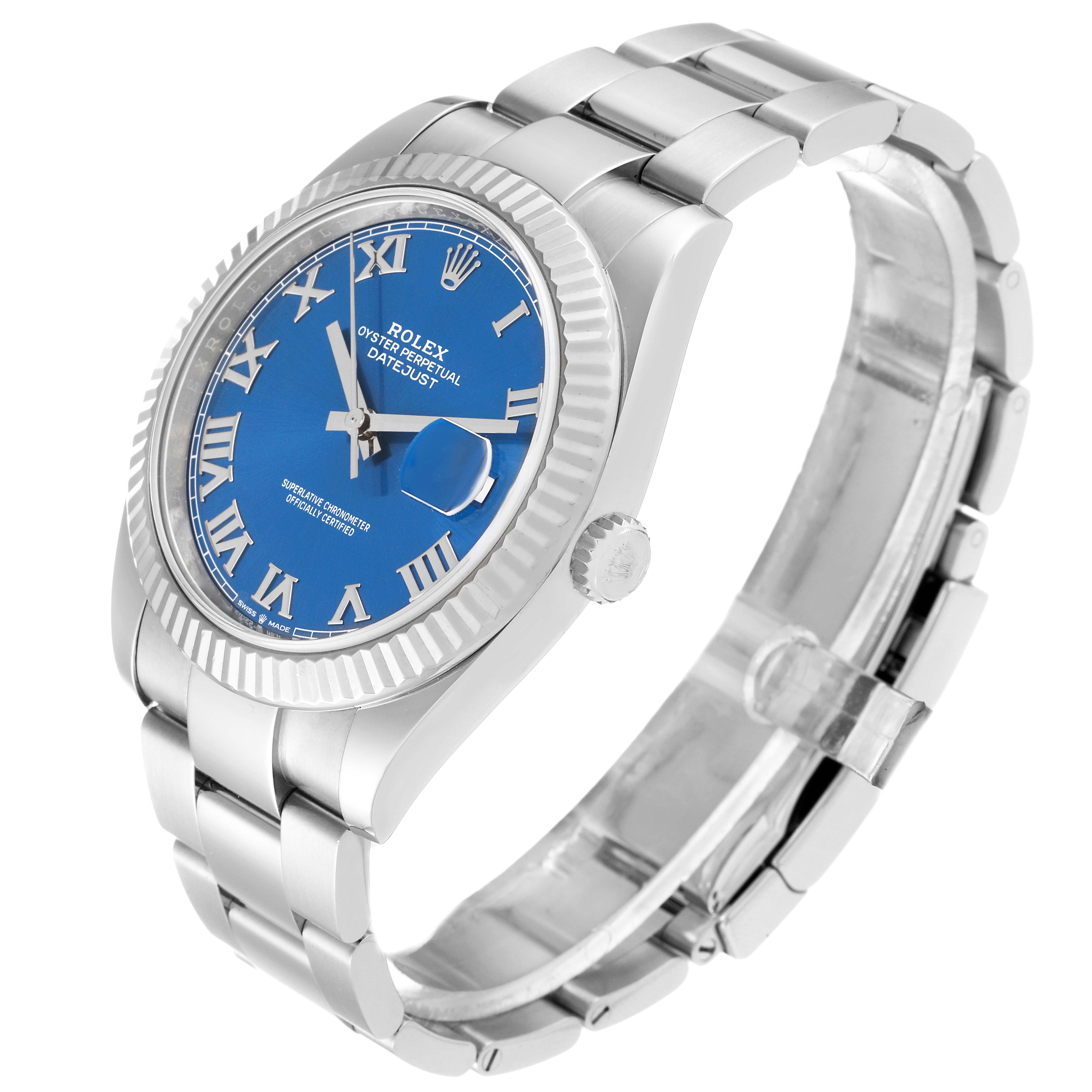 The Rolex Datejust 41 126334 Men's Stainless Steel Blue Dial 126334 Men's Stainless Steel Blue Dial watch is shown at a three-quarter angle, featuring a blue dial, Roman numerals, and an Oyster bracelet.