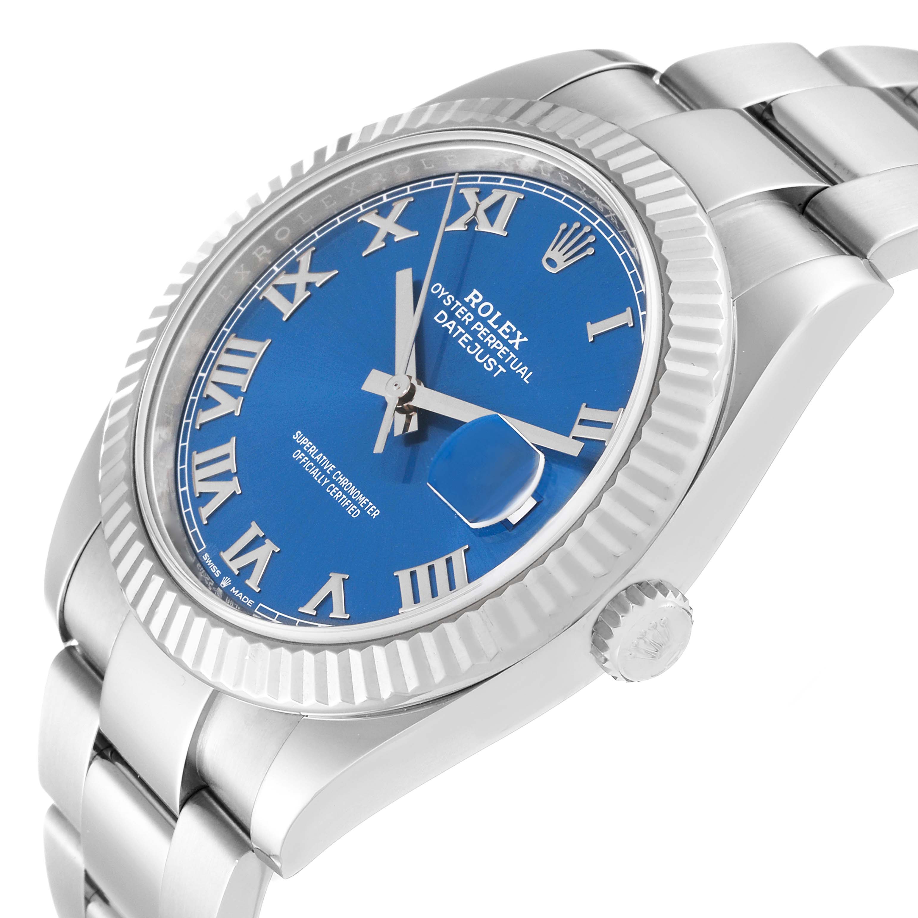 This image shows a side view of the Rolex Datejust 41 126334 Men's Stainless Steel Blue Dial 126334 Men's Stainless Steel Blue Dial watch, highlighting its blue dial, Roman numerals, bezel, and bracelet.