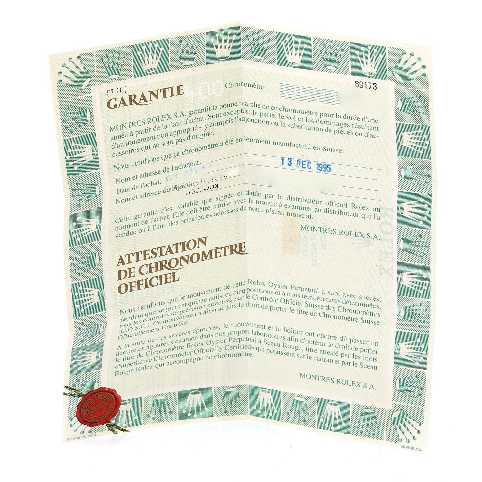This image shows a Rolex certificat de garantie from 1995 for the Datejust model.
