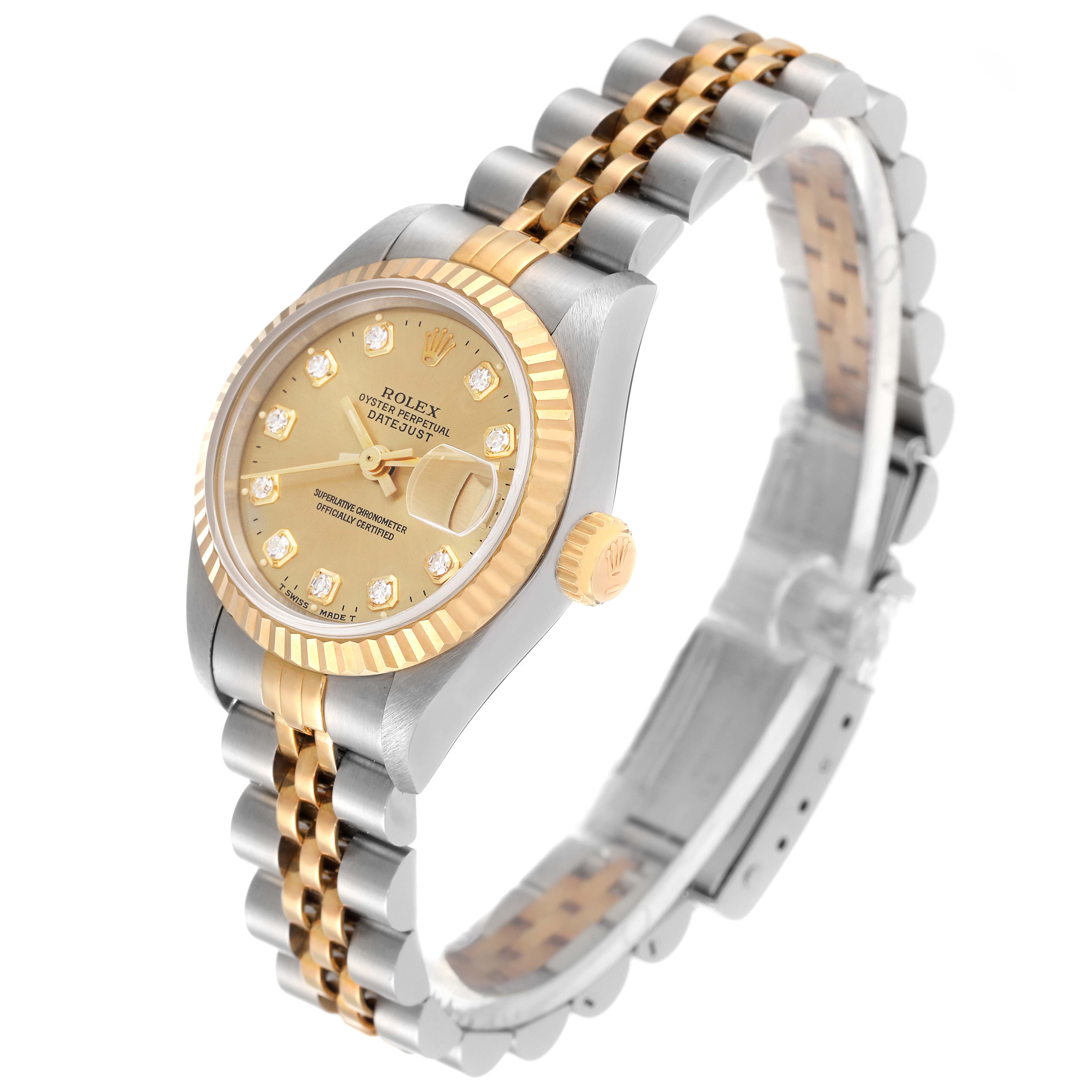 The image shows the Rolex Datejust 69173 Women's Steel and Gold (two tone) Champagne Dial 69173 Women's Steel and Gold (two tone) Champagne Dial watch at an angled side view, highlighting its dial, bezel, case, and bracelet.