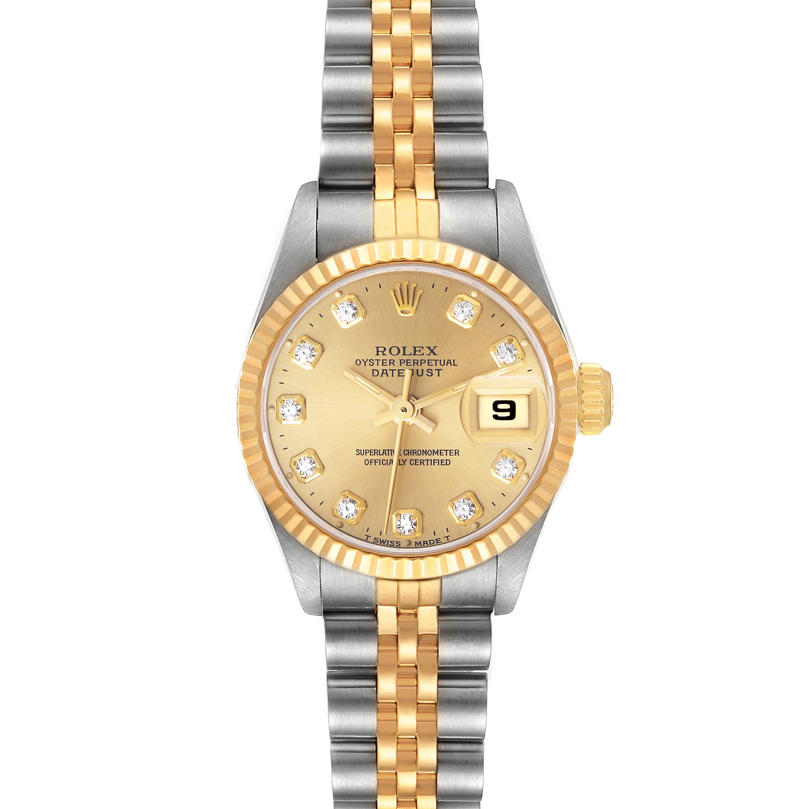 The image shows a Rolex Datejust 69173 Women's Steel and Gold (two tone) Champagne Dial 69173 Women's Steel and Gold (two tone) Champagne Dial watch from the front, highlighting its gold dial, diamond hour markers, and two-tone bracelet.