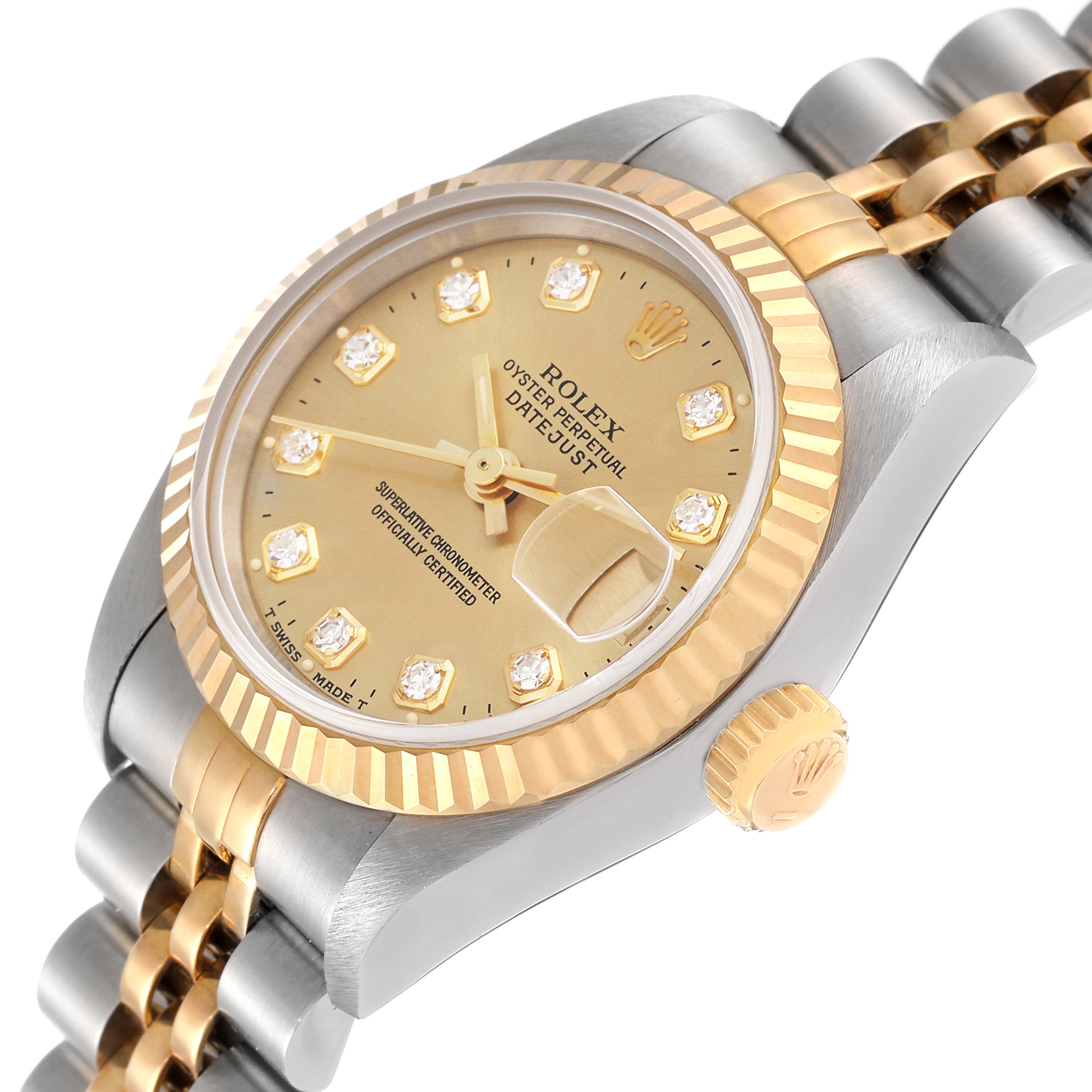 The image shows a Rolex Datejust 69173 Women's Steel and Gold (two tone) Champagne Dial 69173 Women's Steel and Gold (two tone) Champagne Dial watch at an angle highlighting its dial, bezel, and part of the bracelet.