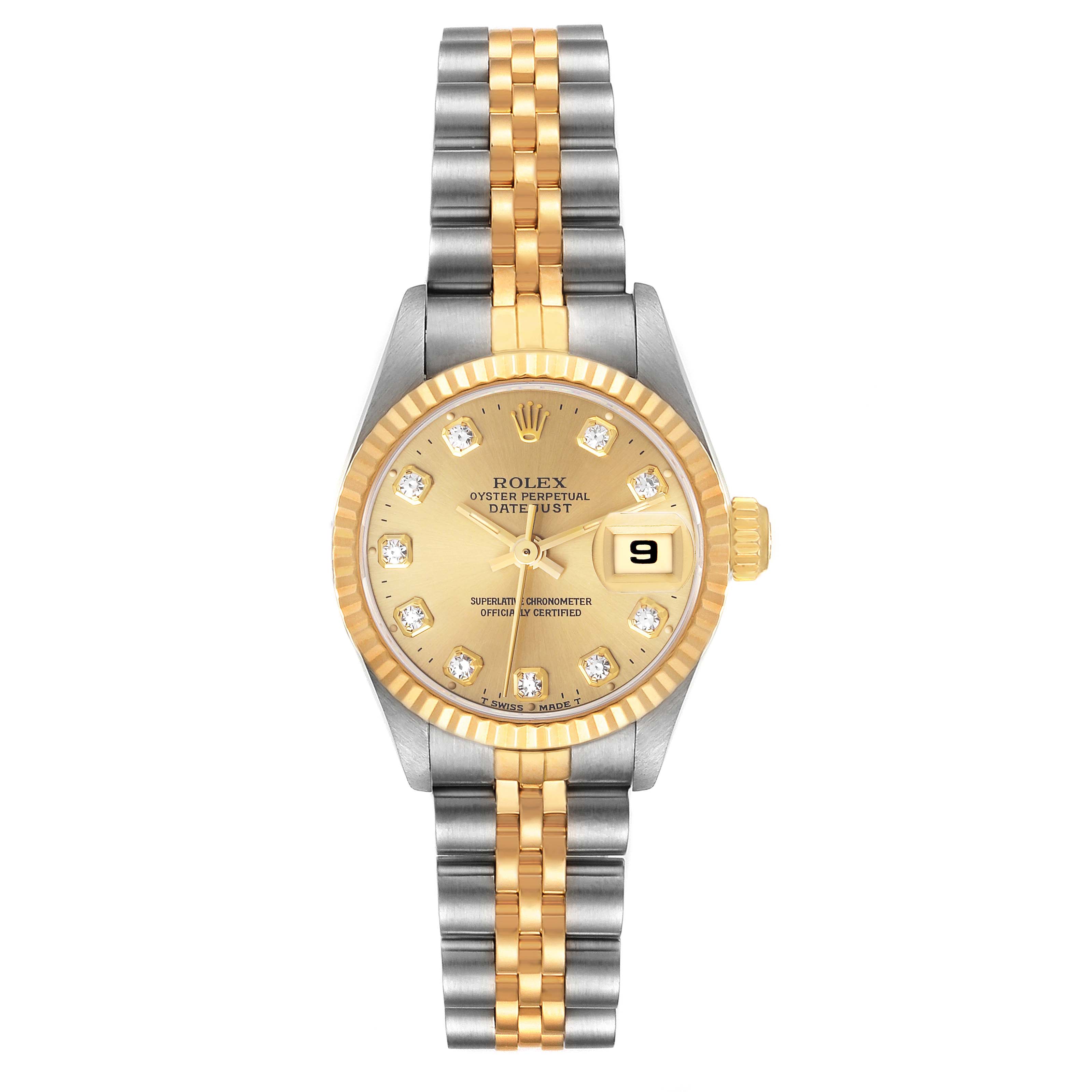 The image shows a front view of a Rolex Datejust 69173 Women's Steel and Gold (two tone) Champagne Dial 69173 Women's Steel and Gold (two tone) Champagne Dial watch with a two-tone metal bracelet and a gold dial with diamond hour markers.