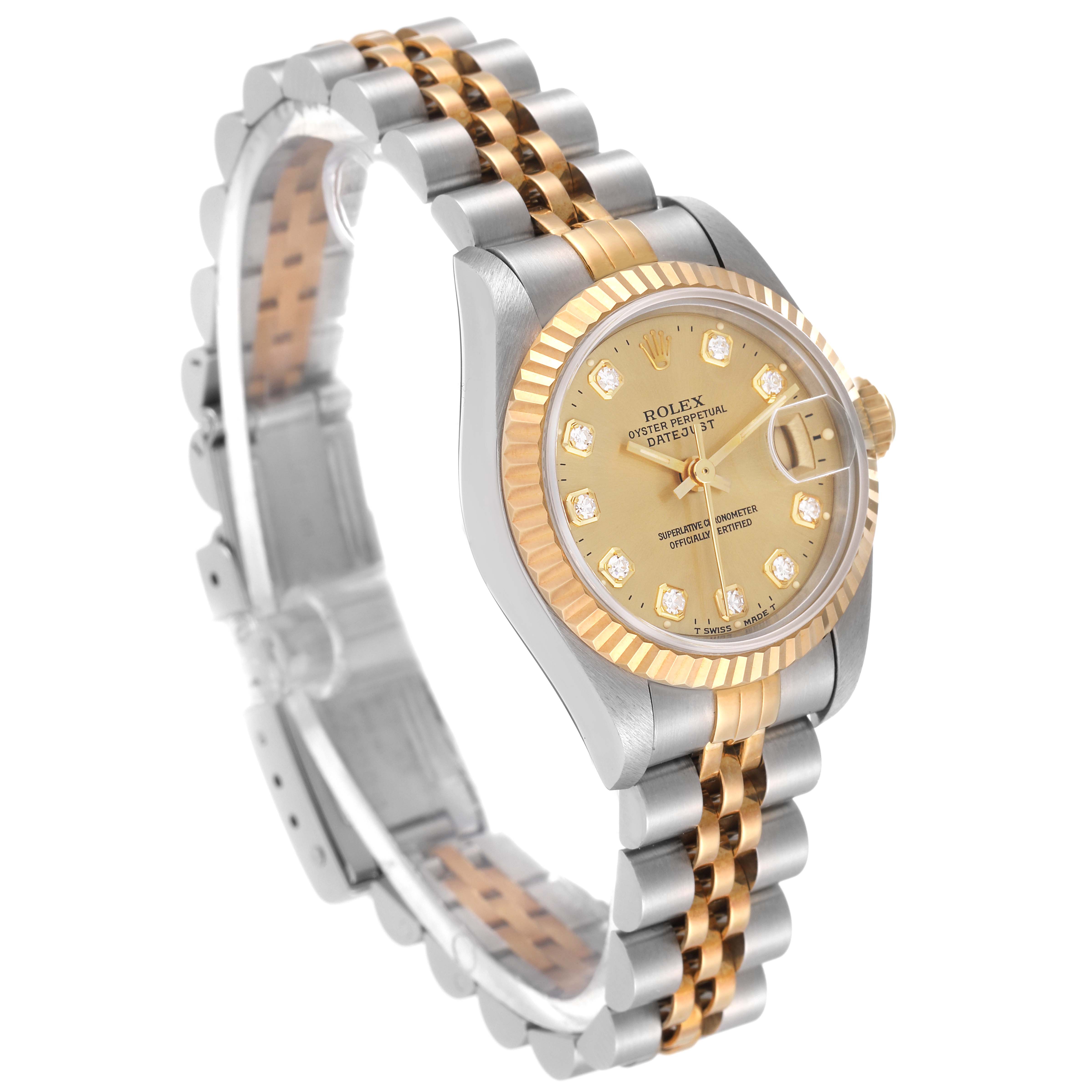 The Rolex Datejust 69173 Women's Steel and Gold (two tone) Champagne Dial 69173 Women's Steel and Gold (two tone) Champagne Dial watch is shown at an angled perspective, highlighting its two-tone bracelet, gold dial, and fluted bezel.