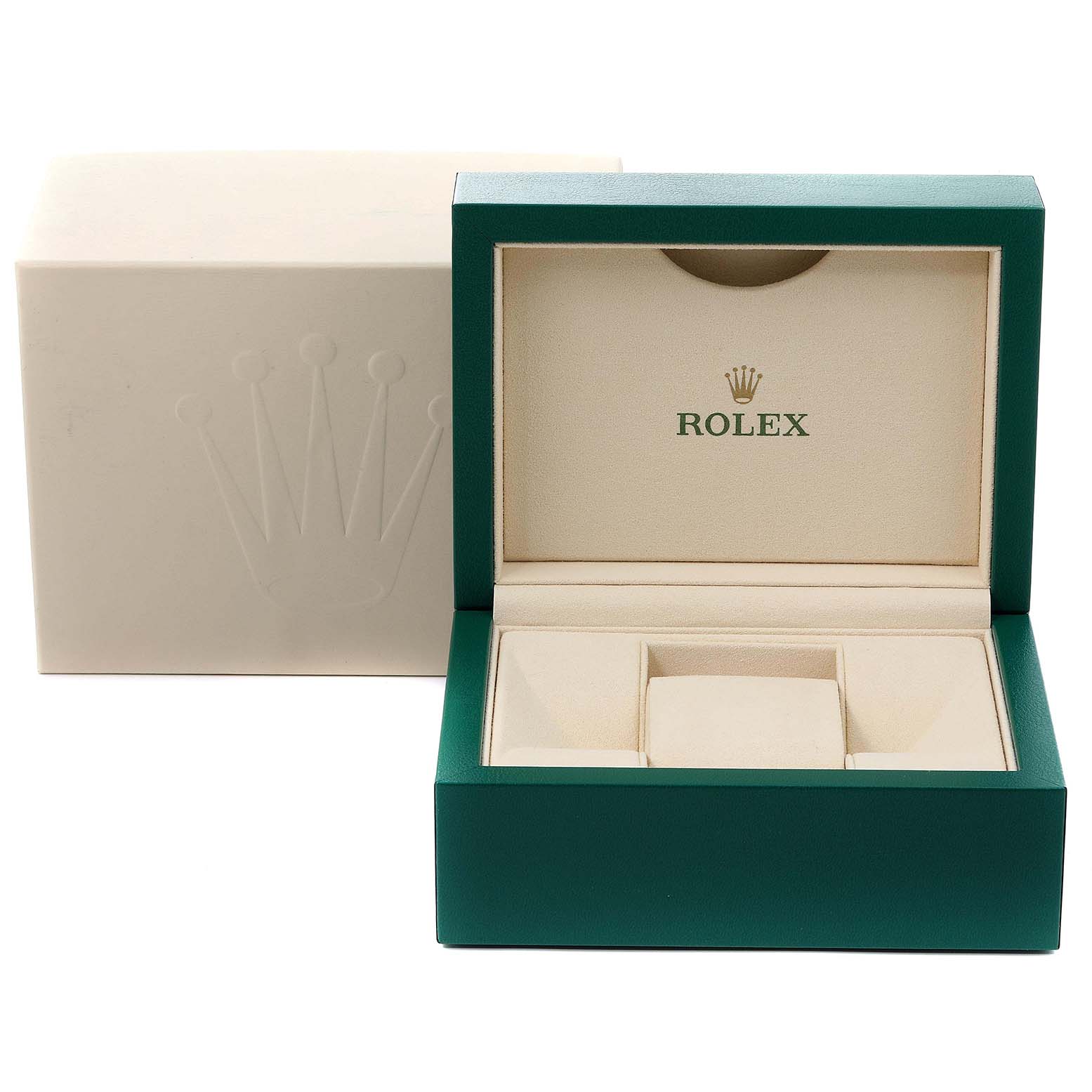 The image shows the open box for the Rolex Datejust 179171 Women's Steel and Gold (two tone) Mother of Pearl Dial 179171 Women's Steel and Gold (two tone) Mother of Pearl Dial model, displaying the inner green and beige compartments.