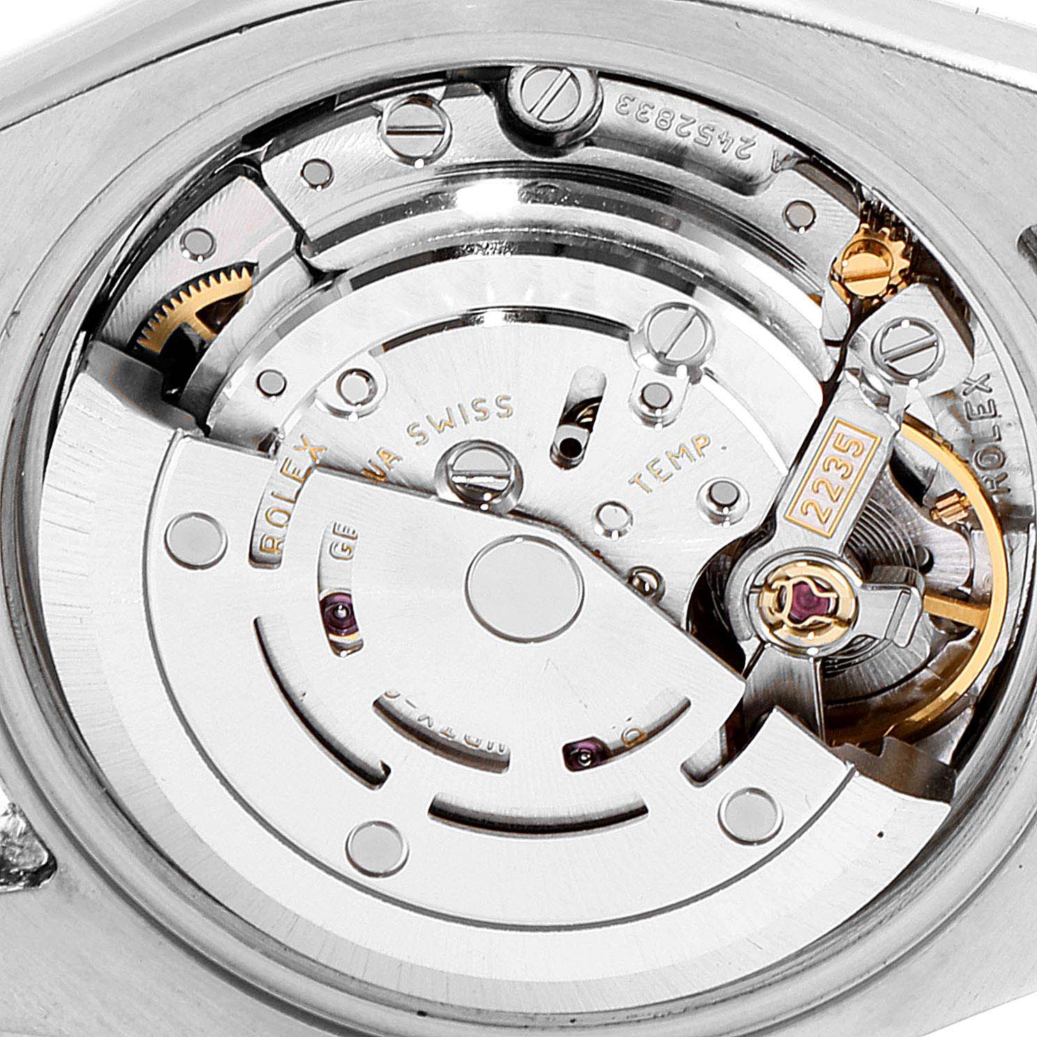 This image shows a close-up view of the movement mechanism of a Rolex Datejust 179171 Women's Steel and Gold (two tone) Mother of Pearl Dial 179171 Women's Steel and Gold (two tone) Mother of Pearl Dial watch.