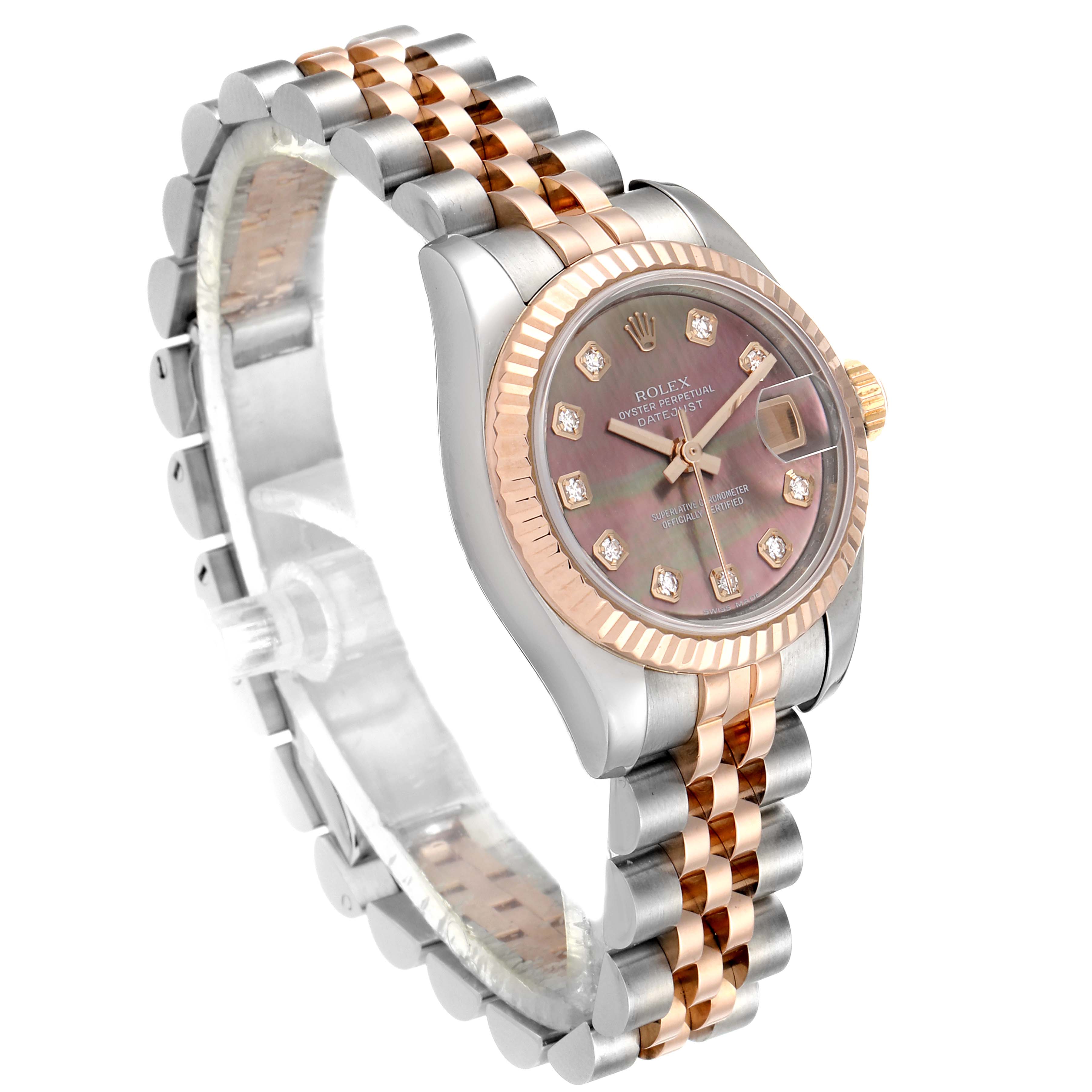 The Rolex Datejust 179171 Women's Steel and Gold (two tone) Mother of Pearl Dial 179171 Women's Steel and Gold (two tone) Mother of Pearl Dial watch is shown at an angle highlighting its face, fluted bezel, and two-tone Jubilee bracelet.