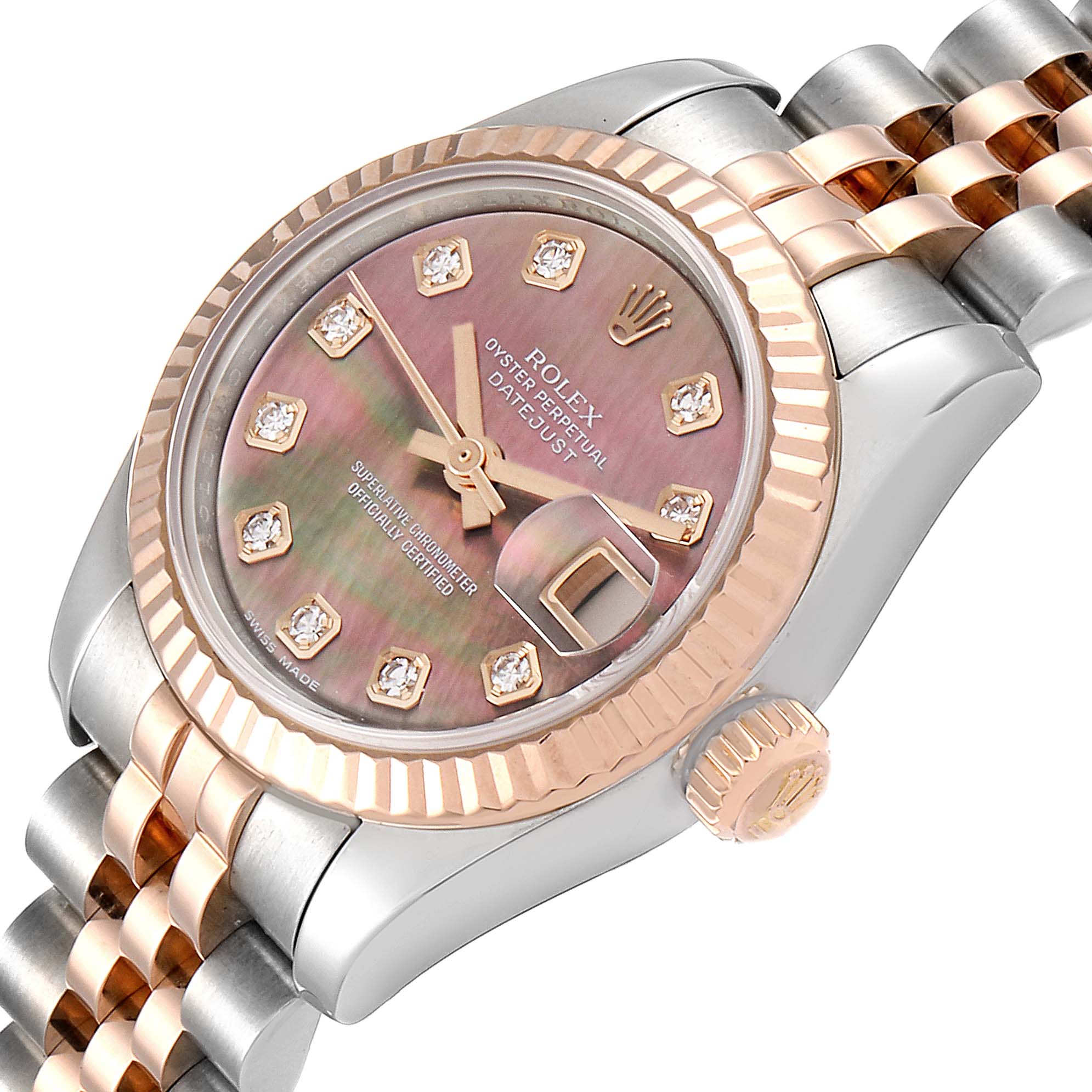 This image shows a close-up of a Rolex Datejust 179171 Women's Steel and Gold (two tone) Mother of Pearl Dial 179171 Women's Steel and Gold (two tone) Mother of Pearl Dial watch displaying its face, bezel, crown, and part of its bracelet at an oblique angle.