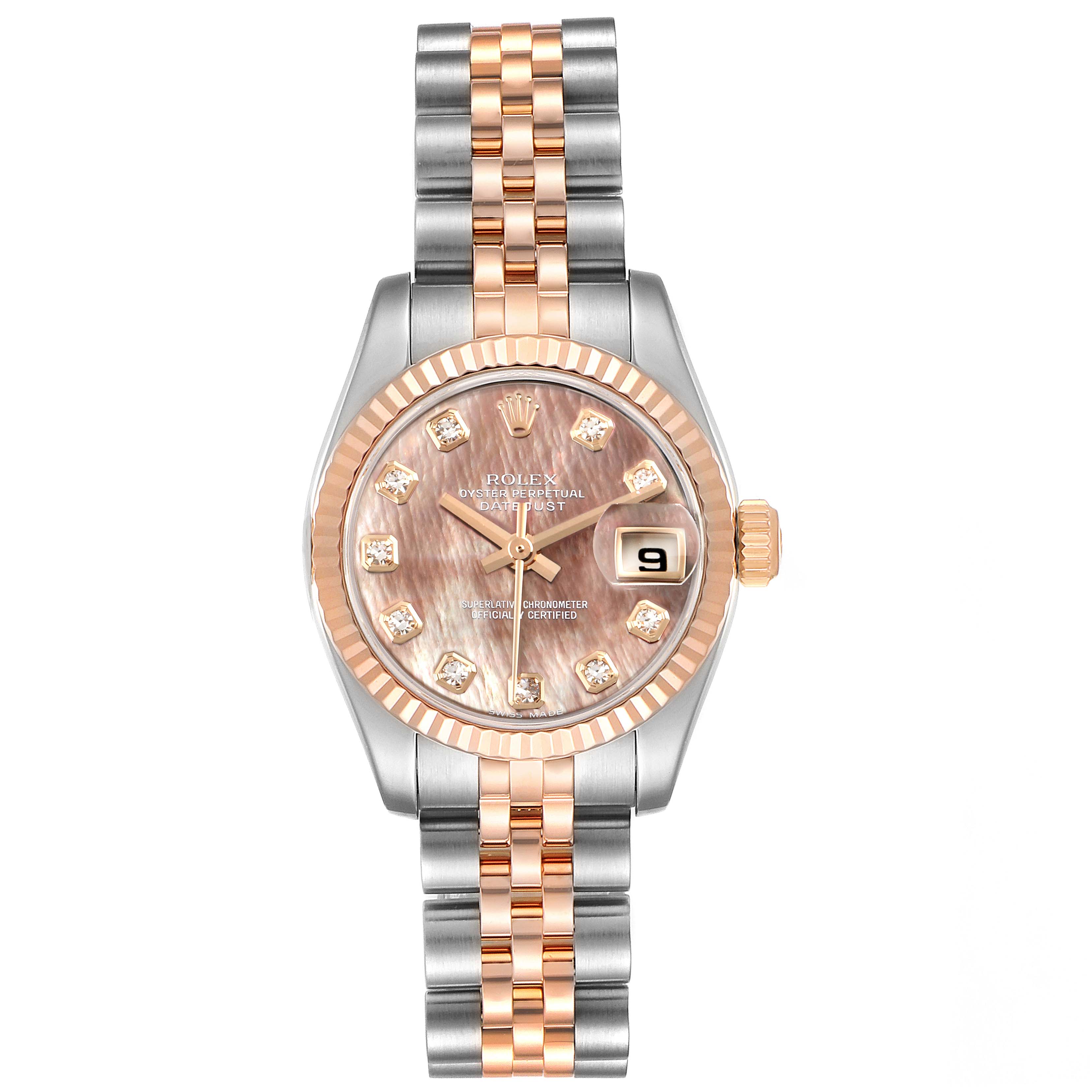 This image shows a front view of a Rolex Datejust 179171 Women's Steel and Gold (two tone) Mother of Pearl Dial 179171 Women's Steel and Gold (two tone) Mother of Pearl Dial watch, highlighting the dial, bezel, and bracelet.