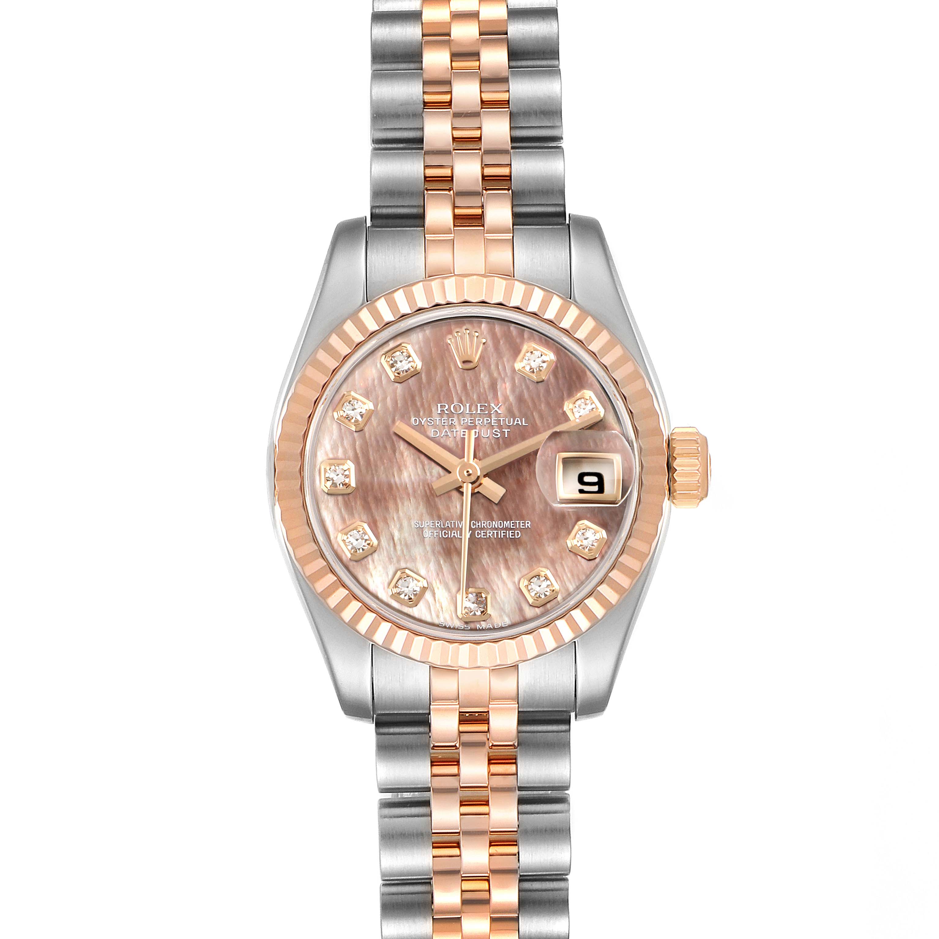 The Rolex Datejust 179171 Women's Steel and Gold (two tone) Mother of Pearl Dial 179171 Women's Steel and Gold (two tone) Mother of Pearl Dial watch is shown from a top-down angle, displaying the face, bezel, crown, and bracelet.