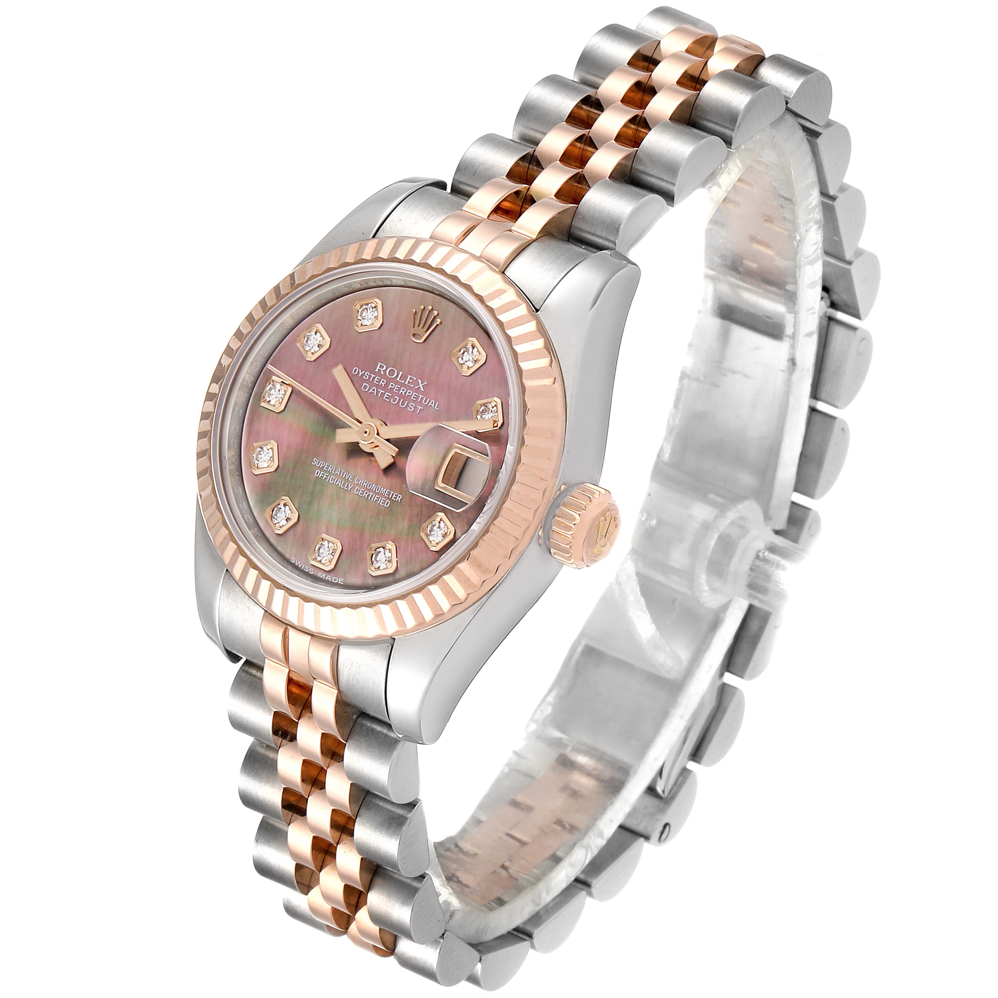 The image shows a Rolex Datejust 179171 Women's Steel and Gold (two tone) Mother of Pearl Dial 179171 Women's Steel and Gold (two tone) Mother of Pearl Dial watch from an angled side view, highlighting the face, bracelet, and crown.