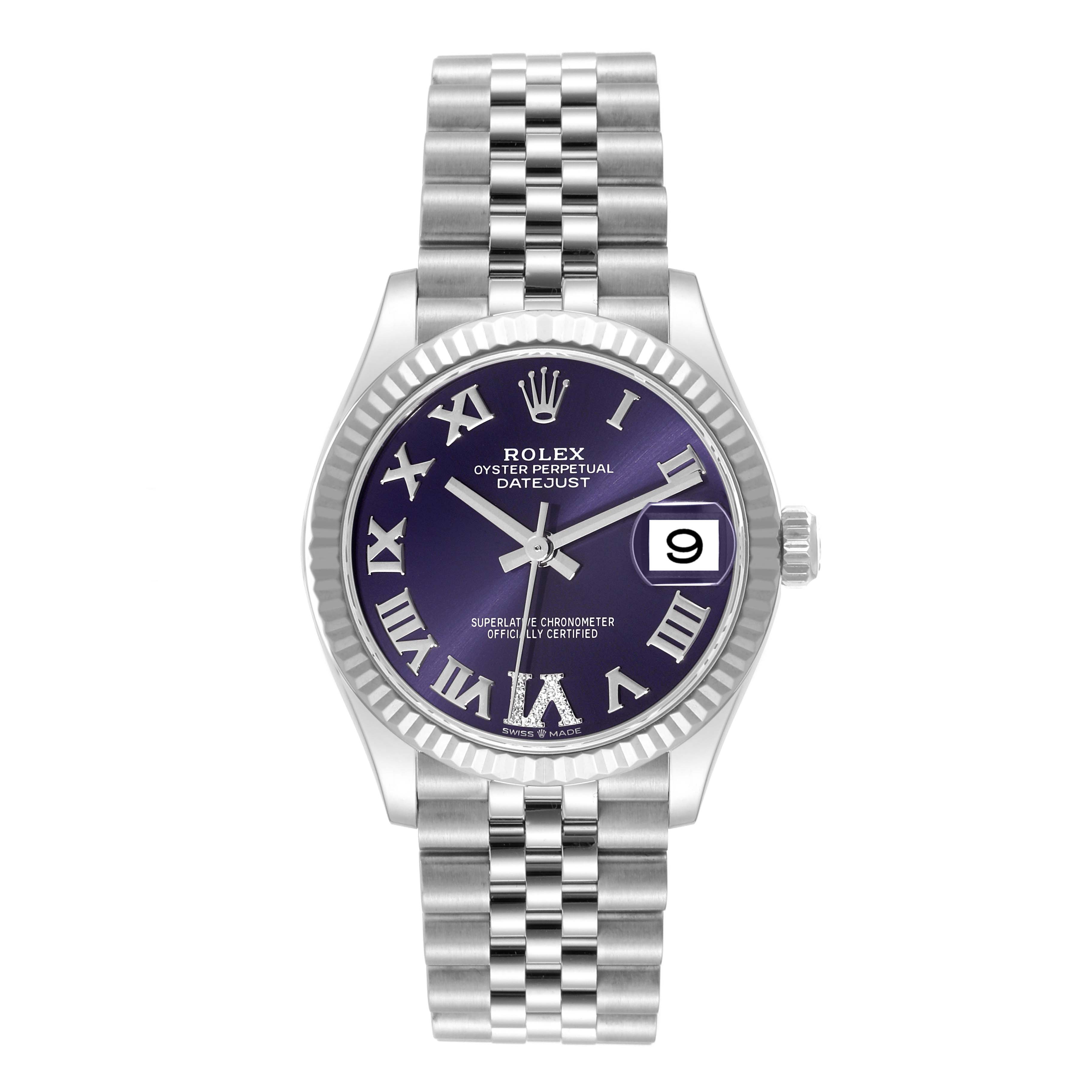 This image shows a front view of the Rolex Mid-Size 278274 Women's Stainless Steel Purple Dial 278274 Women's Stainless Steel Purple Dial Oyster Perpetual Datejust watch, displaying its face, bezel, and bracelet.