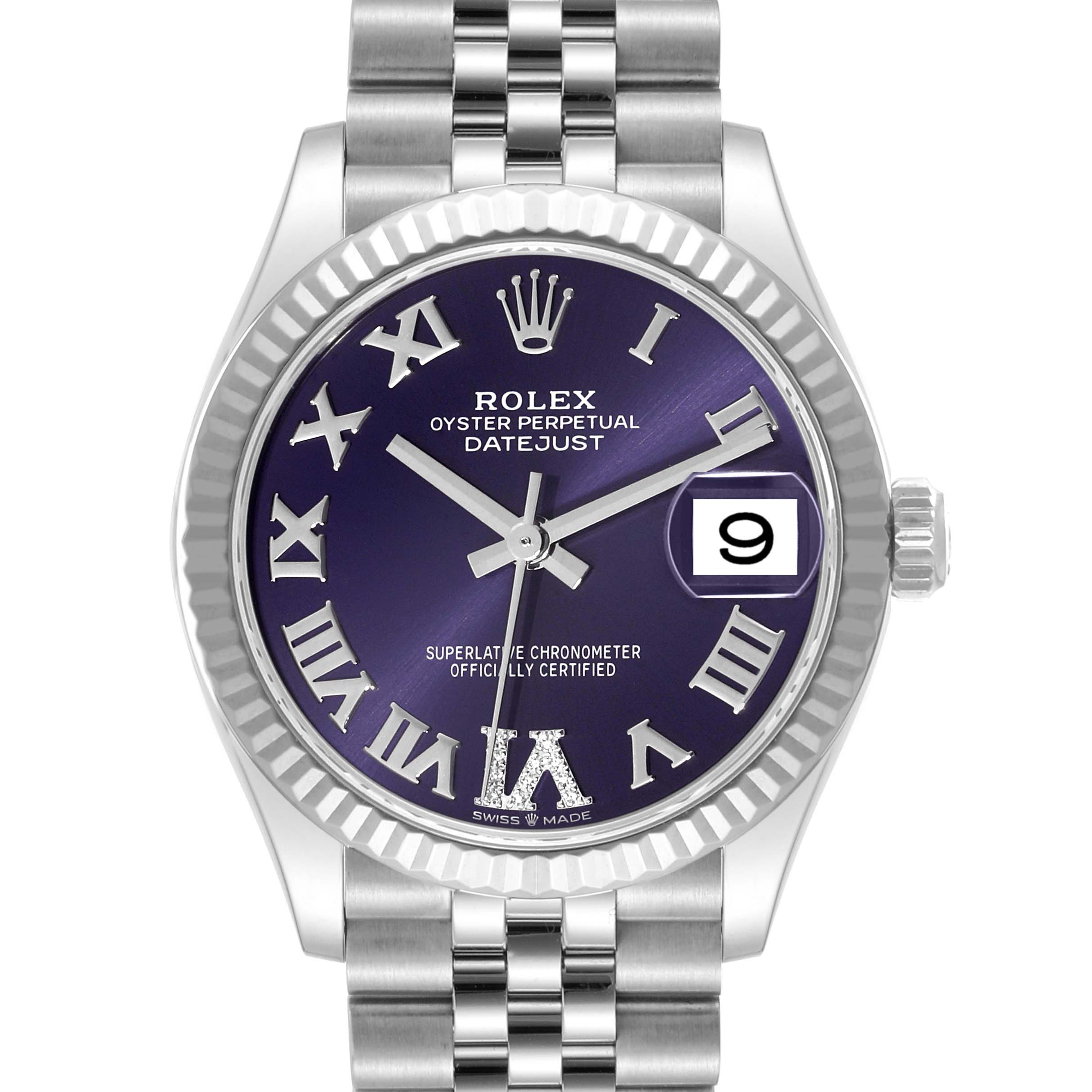 The image shows the front view of a Rolex Oyster Perpetual Datejust Mid-Size watch, showcasing its purple dial and date display.