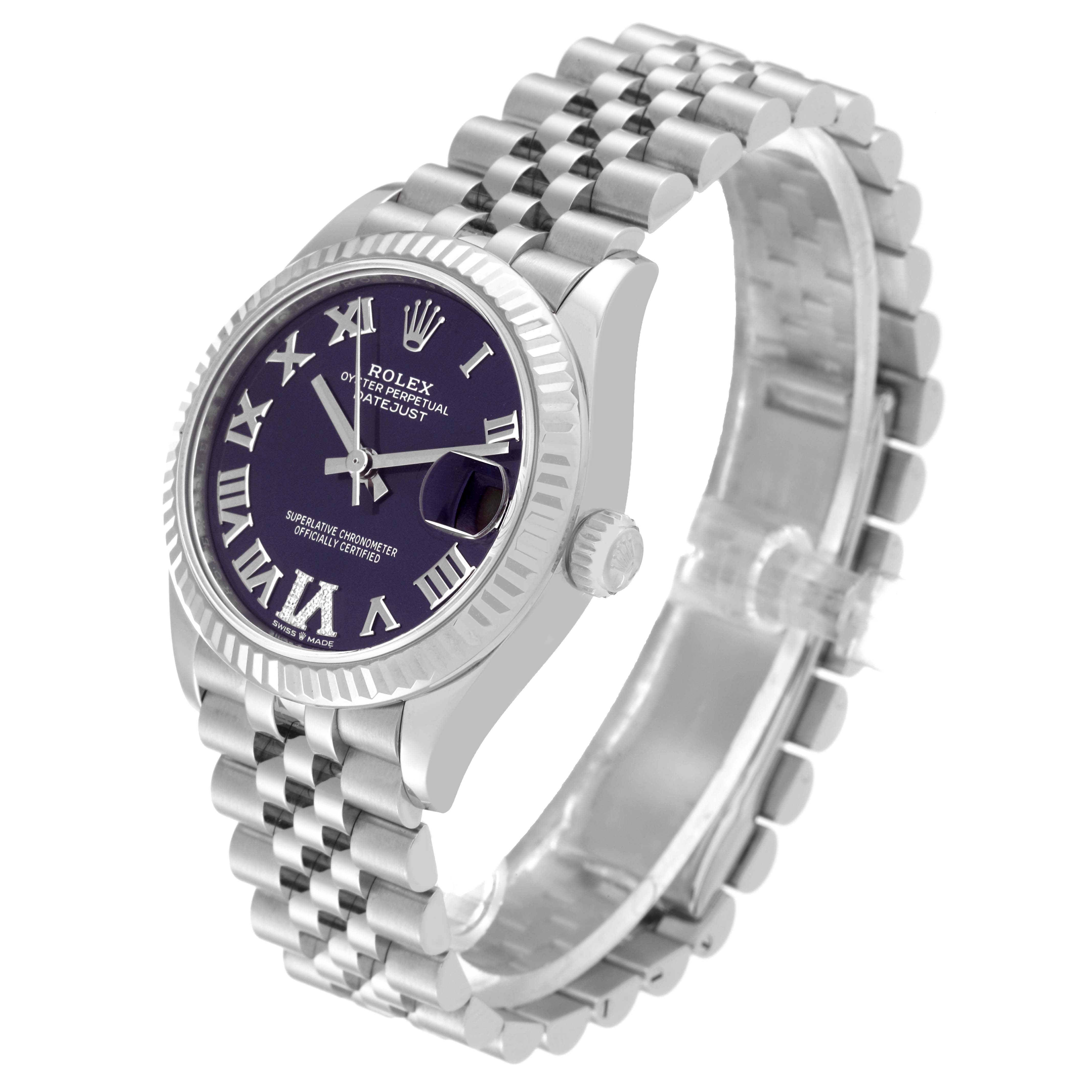 The image displays a Mid-Size Rolex Oyster Perpetual Datejust from an angled side view, showcasing the dial, bezel, crown, and bracelet.