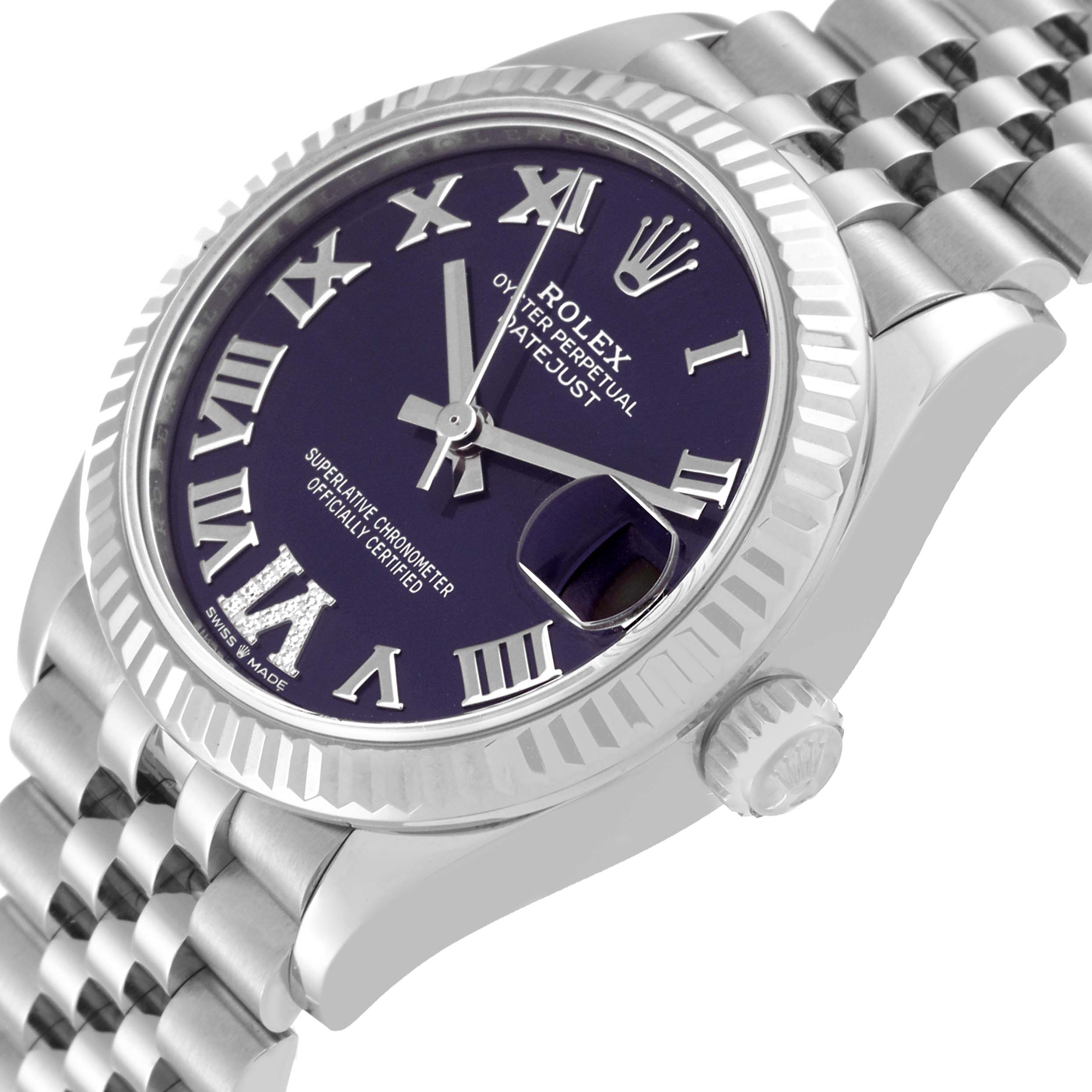 The image shows a close-up angle of the Rolex Mid-Size 278274 Women's Stainless Steel Purple Dial 278274 Women's Stainless Steel Purple Dial Datejust watch, highlighting its dial, bezel, and part of the bracelet.