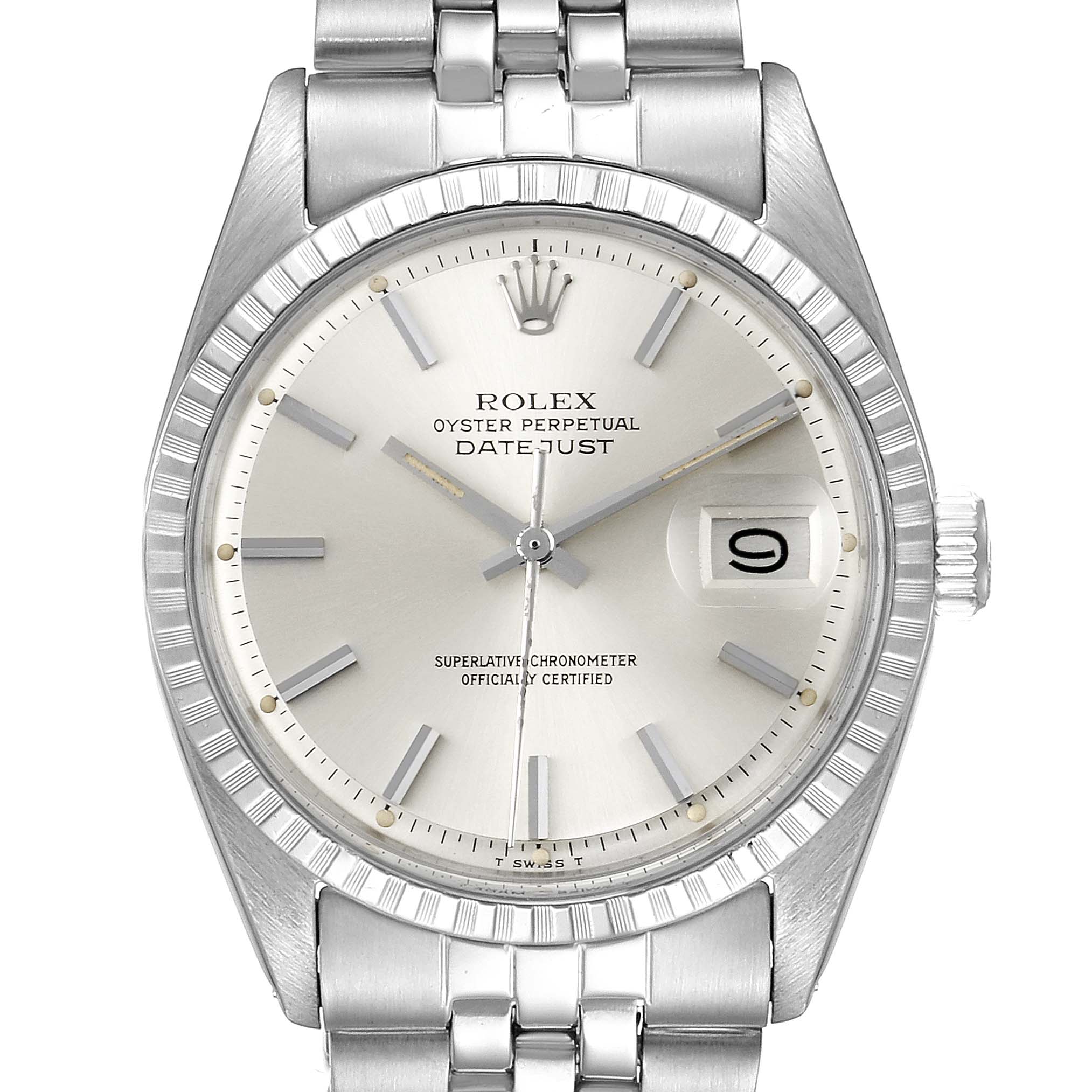 The image shows a front view of a Rolex Vintage Collection 1603 Men's Stainless Steel Silver Dial 1603 Men's Stainless Steel Silver Dial Datejust watch, highlighting the dial, hands, date window, bezel, and bracelet.