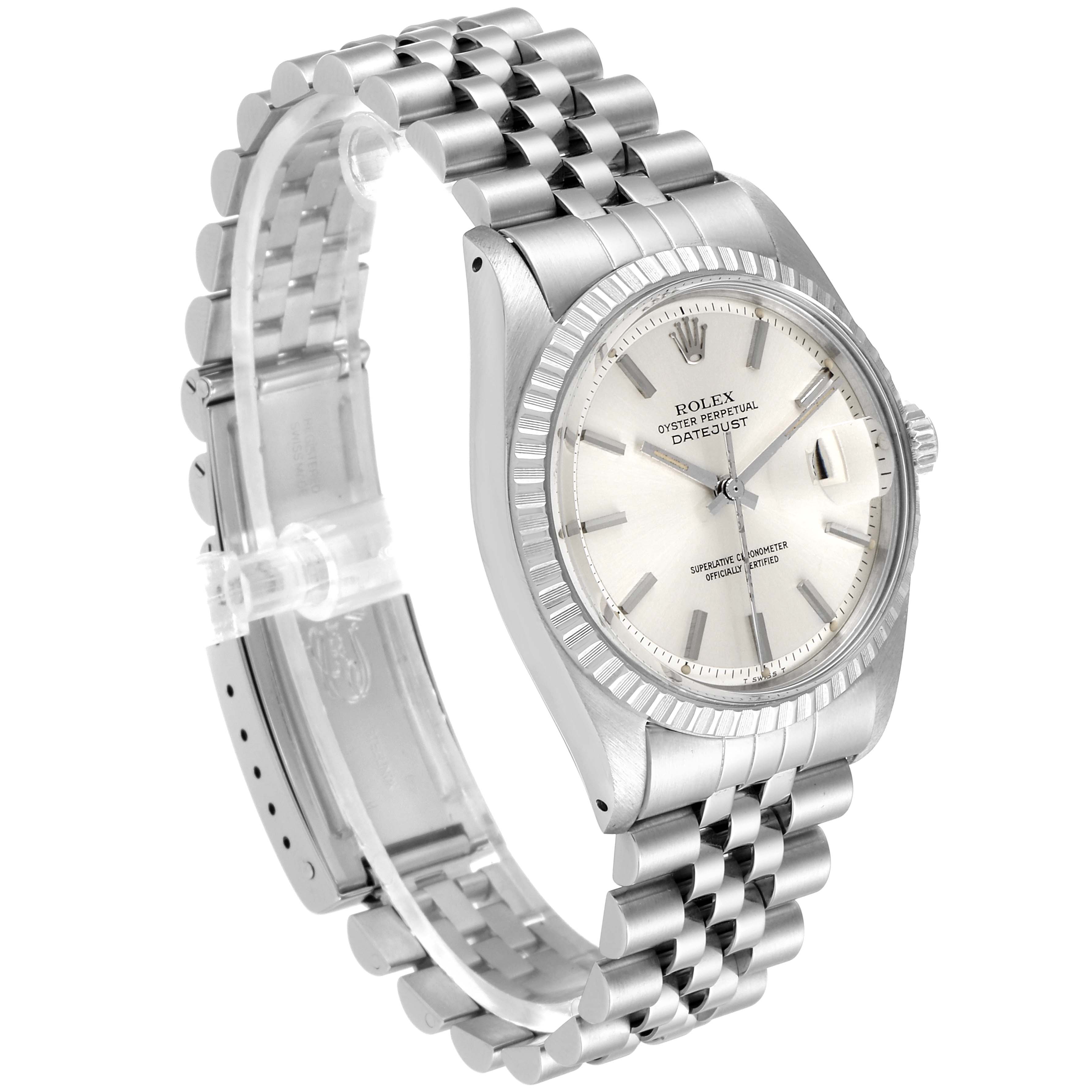 The image shows a Rolex Vintage Collection 1603 Men's Stainless Steel Silver Dial 1603 Men's Stainless Steel Silver Dial Datejust watch at an angled side view, displaying the wristband, face, and crown.