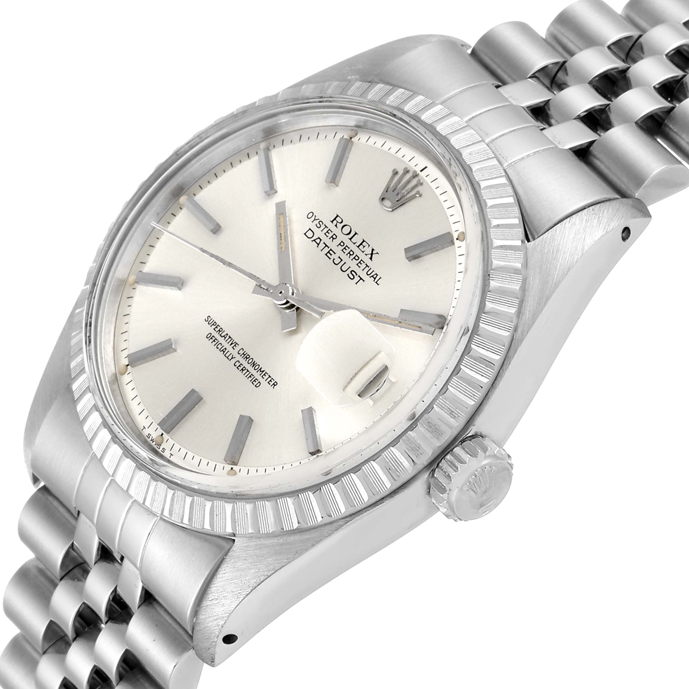 This image shows a Rolex Vintage Collection 1603 Men's Stainless Steel Silver Dial 1603 Men's Stainless Steel Silver Dial Datejust watch angled to display the face, bezel, crown, and partial bracelet.