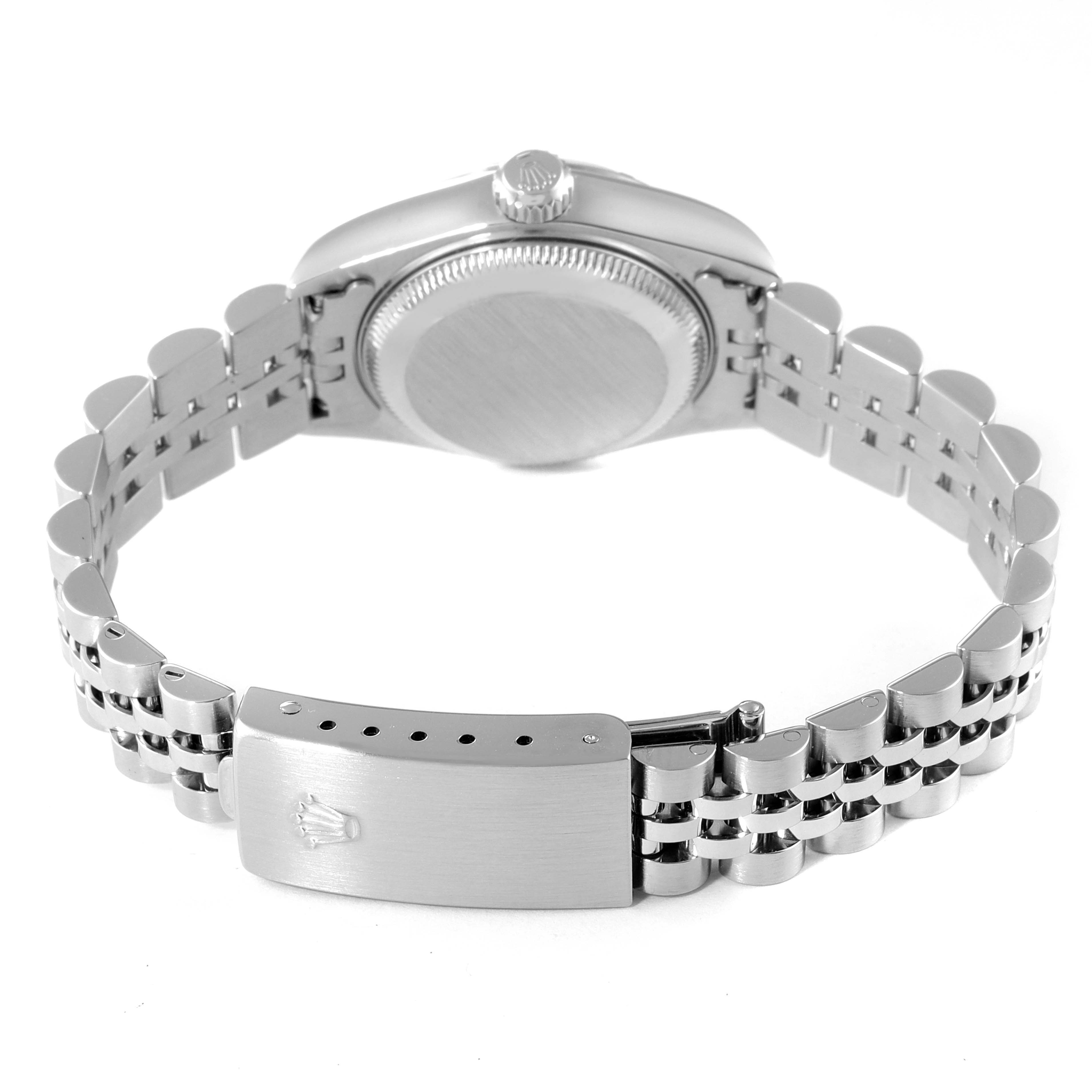 The image shows the back of a Rolex Date 79190 Women's Stainless Steel Silver Dial 79190 Women's Stainless Steel Silver Dial model watch, focusing on the bracelet and clasp.