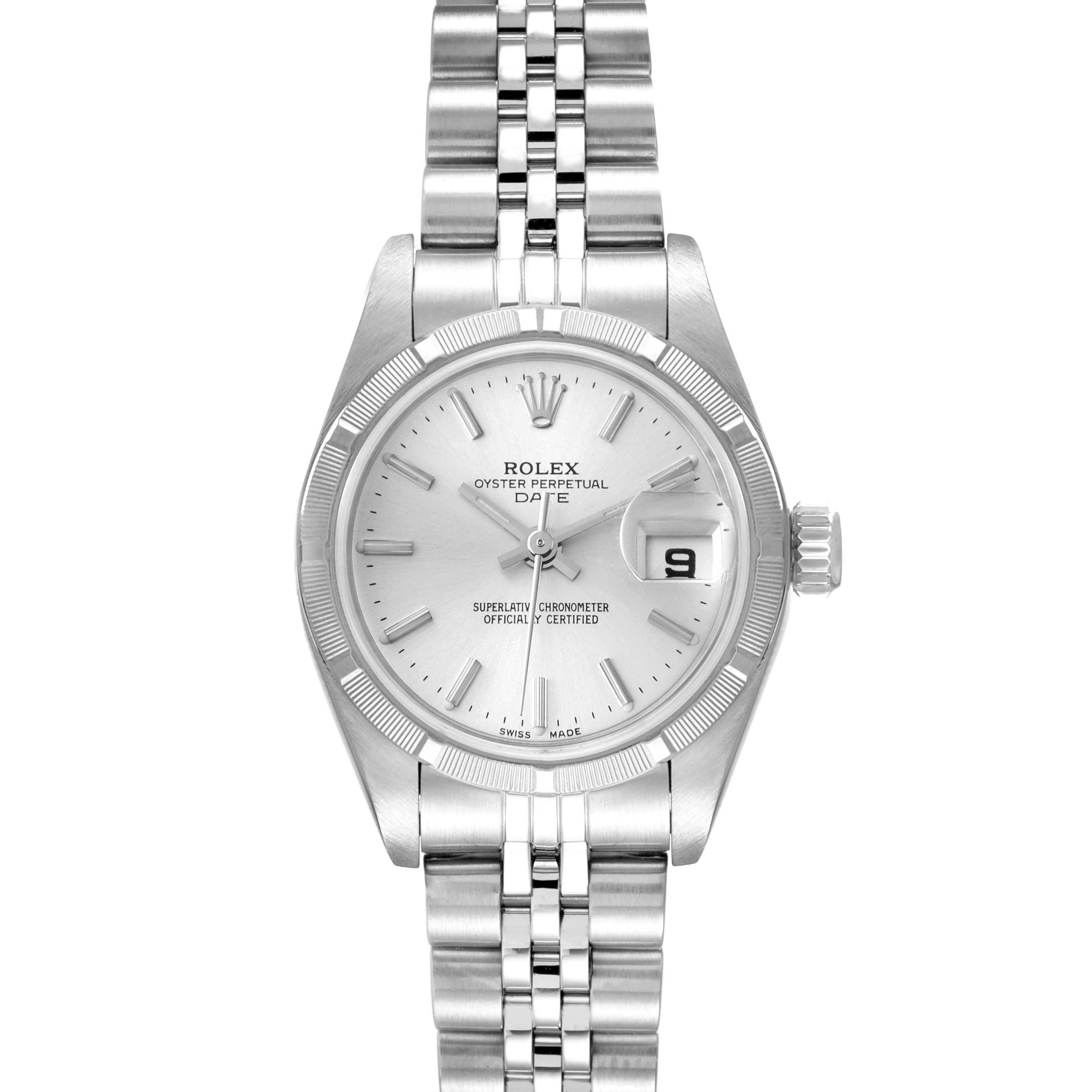 The image shows a front-facing view of the Rolex Date 79190 Women's Stainless Steel Silver Dial 79190 Women's Stainless Steel Silver Dial model watch, displaying the dial, bezel, and bracelet.
