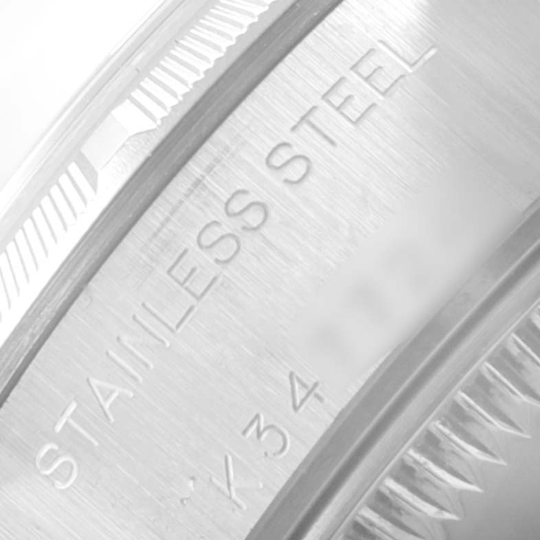 This close-up angle shows the stainless steel casing and part of the bezel of the Rolex Date 79190 Women's Stainless Steel Silver Dial 79190 Women's Stainless Steel Silver Dial model watch.