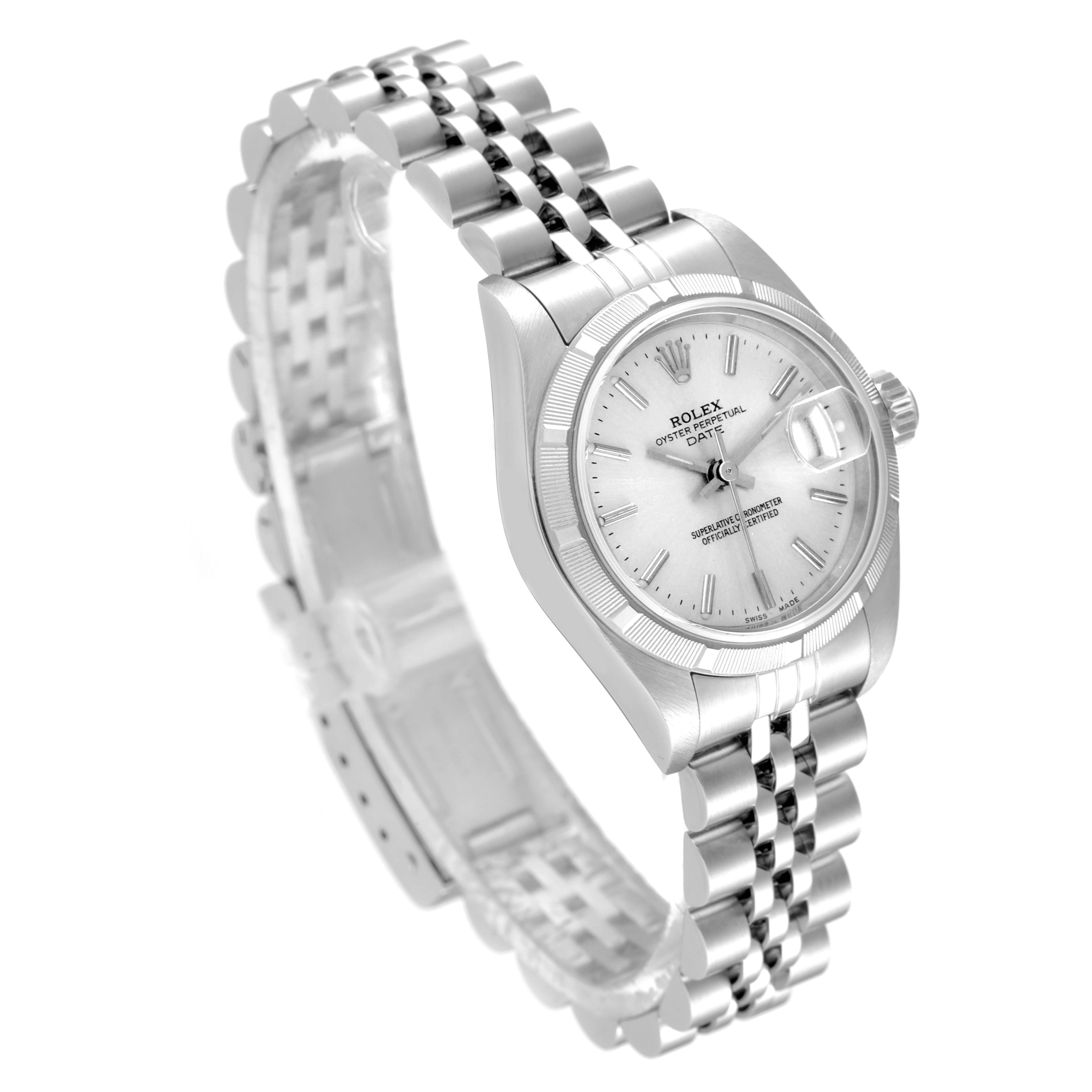 This image shows an angled view of the Rolex Date 79190 Women's Stainless Steel Silver Dial 79190 Women's Stainless Steel Silver Dial model watch, highlighting its face, bezel, and bracelet.