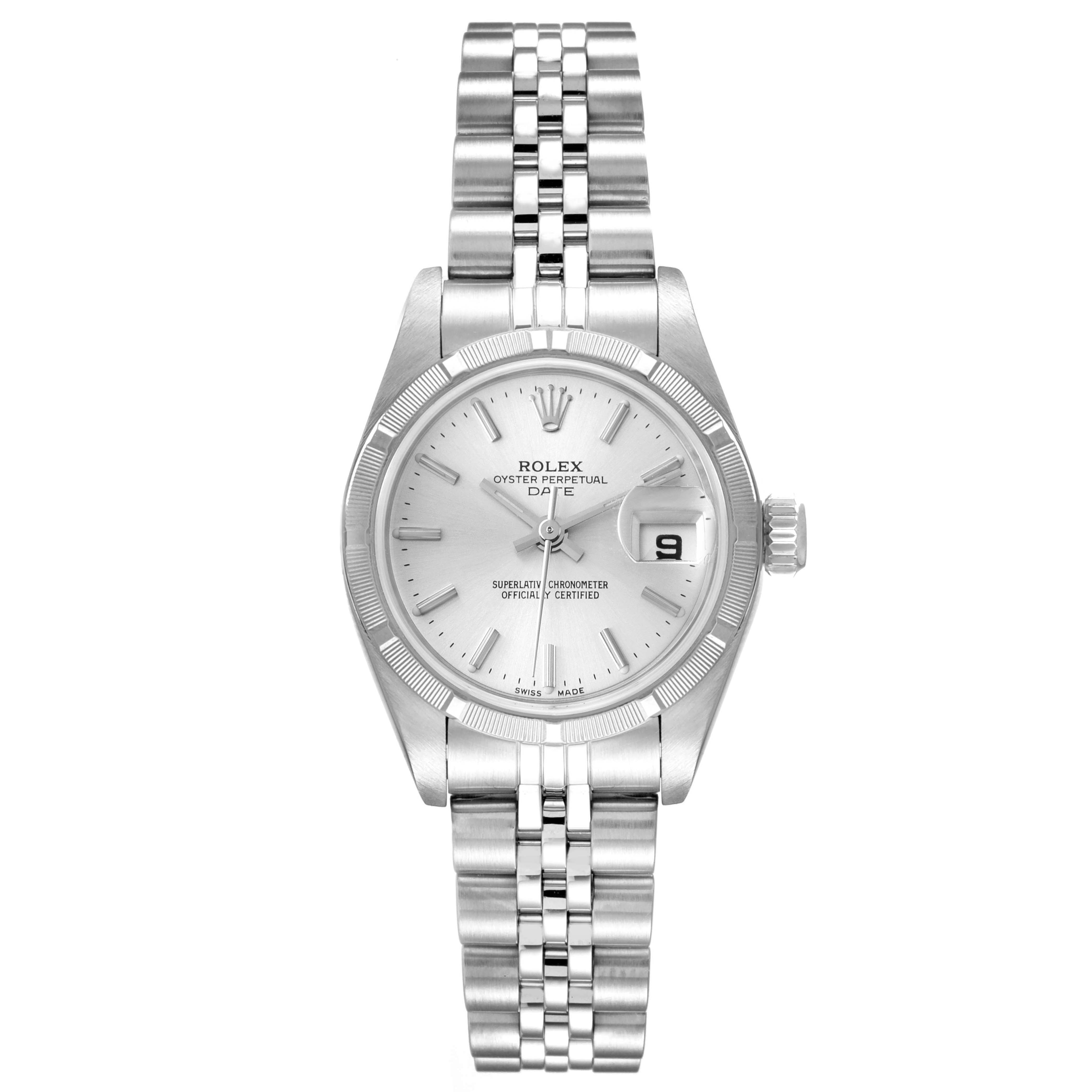 The image shows a frontal view of a Rolex Date 79190 Women's Stainless Steel Silver Dial 79190 Women's Stainless Steel Silver Dial model watch, highlighting its face, bezel, crown, and bracelet.