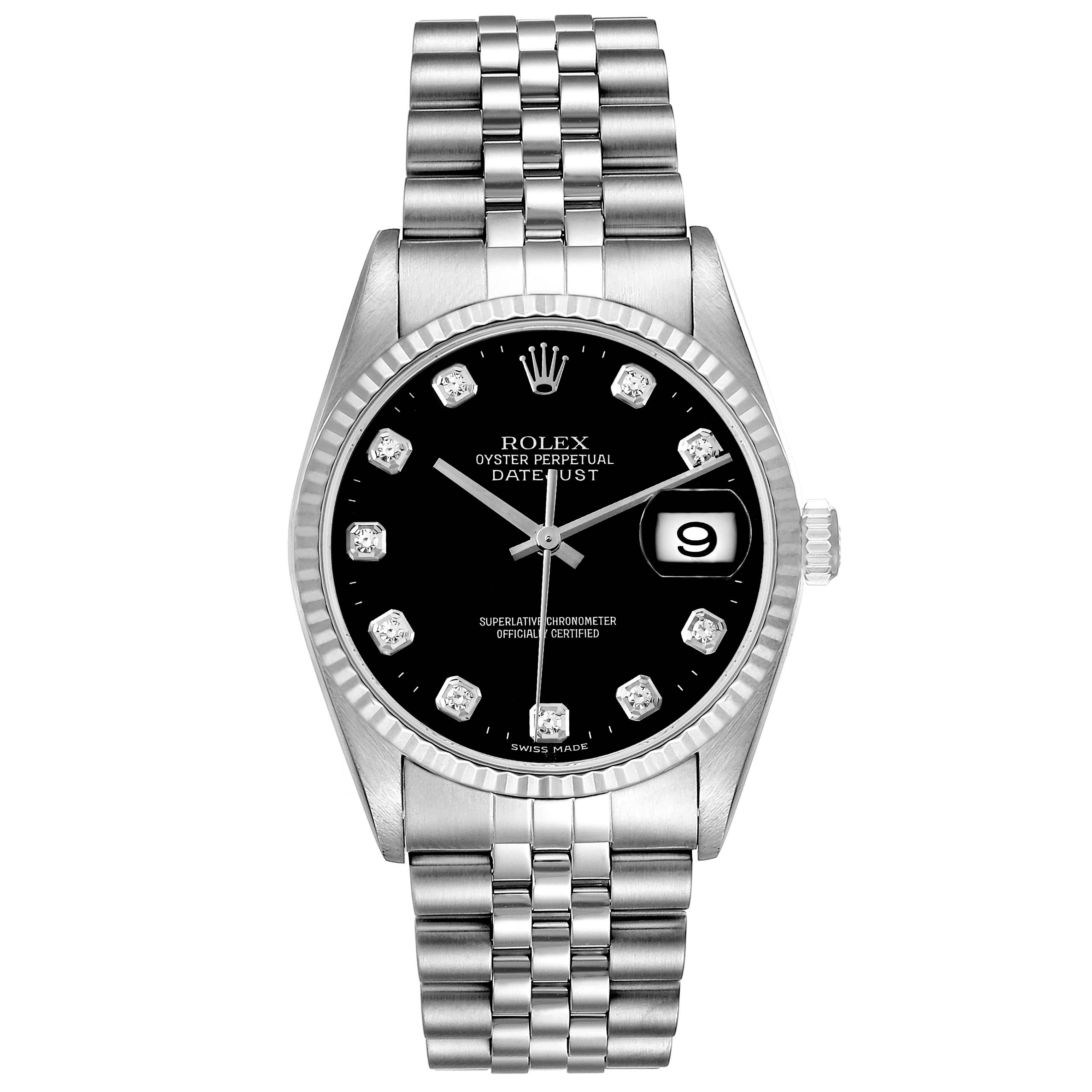 This is a Rolex Datejust 16234 Men's Stainless Steel Black Dial 16234 Men's Stainless Steel Black Dial watch shown from the front, featuring its dial, bezel, and bracelet.