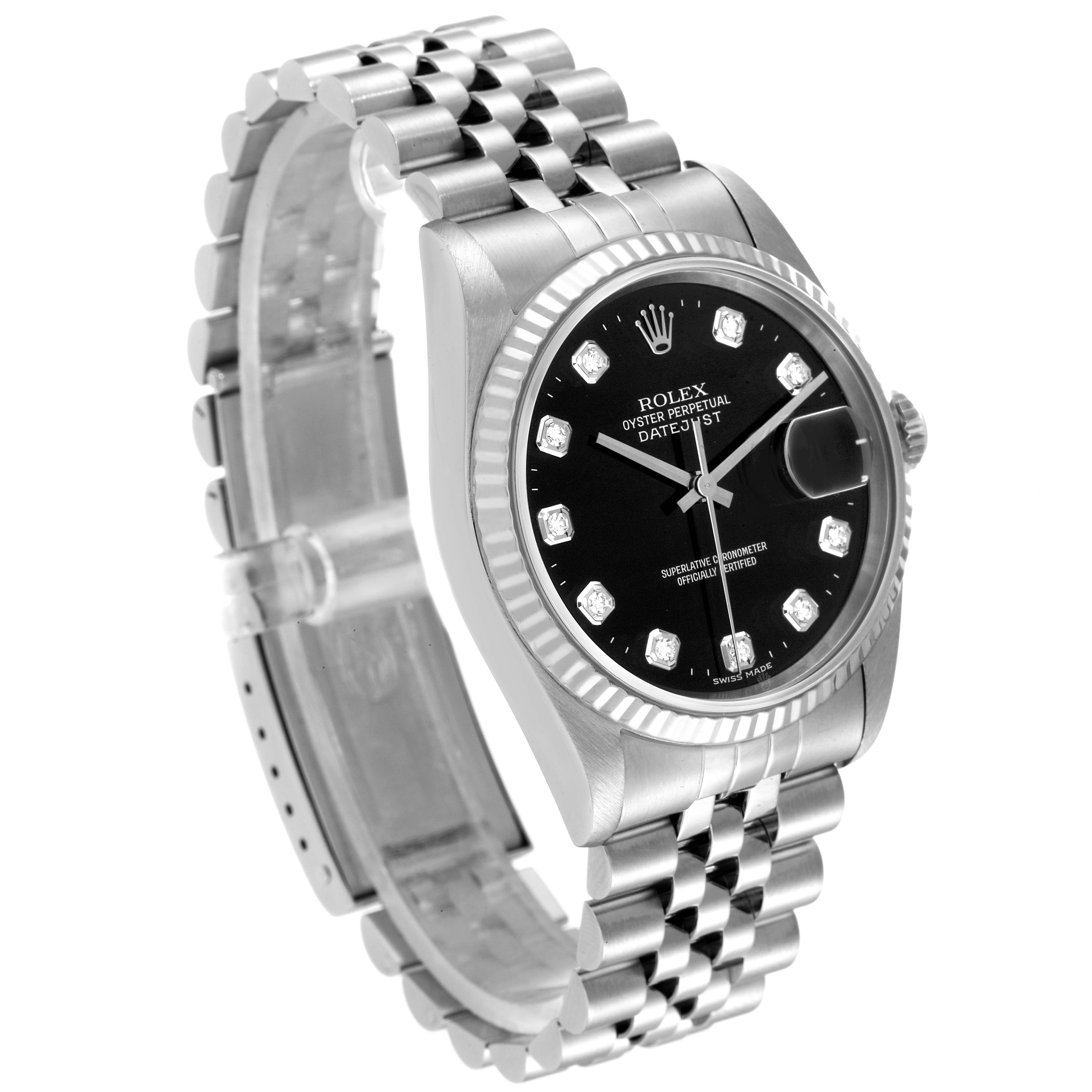 This Rolex Datejust 16234 Men's Stainless Steel Black Dial 16234 Men's Stainless Steel Black Dial watch is shown at a three-quarter angle, featuring the black dial, bezel, crown, and Jubilee bracelet.