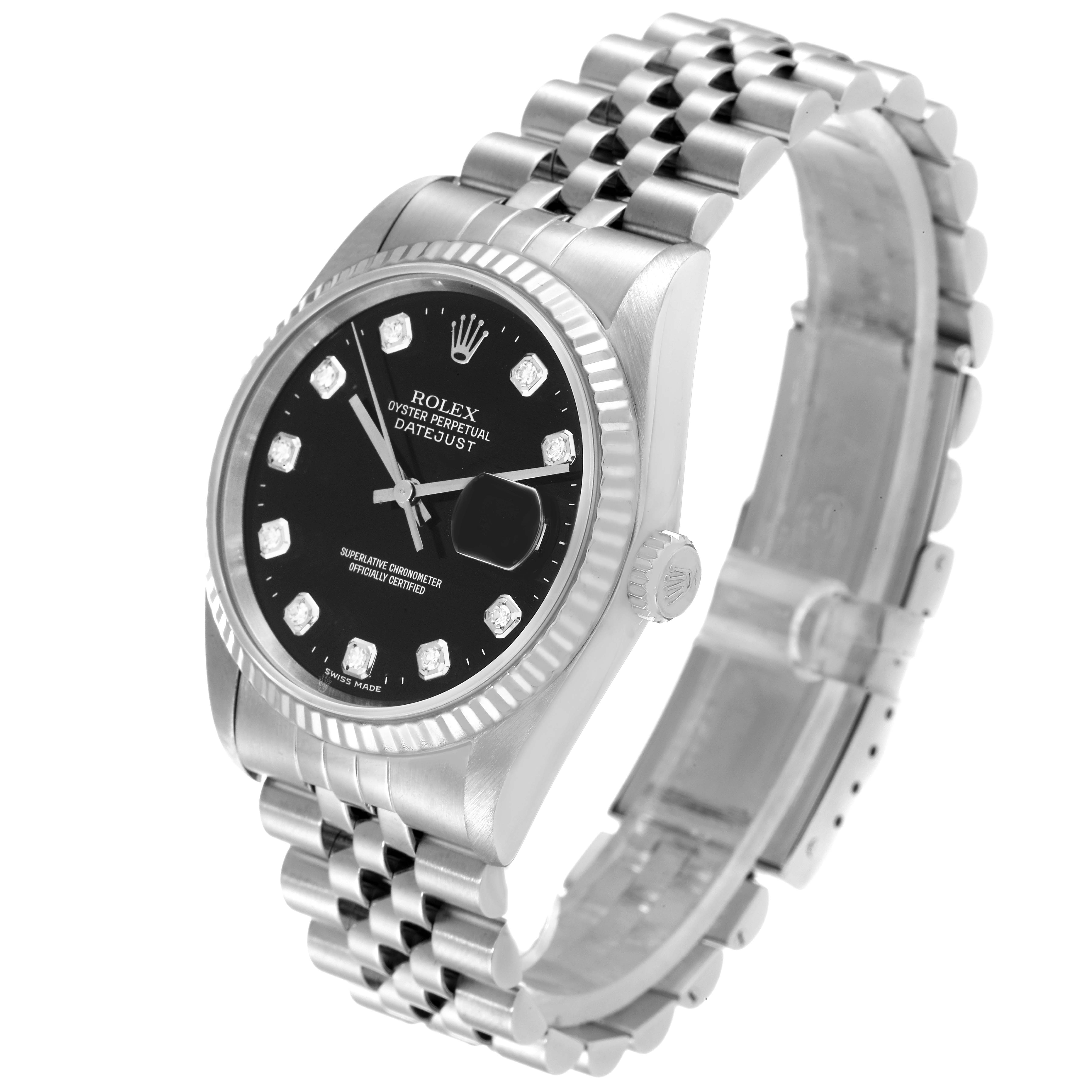 The Rolex Datejust 16234 Men's Stainless Steel Black Dial 16234 Men's Stainless Steel Black Dial watch is shown from a front-right angle, displaying the face, bezel, crown, and Jubilee bracelet.