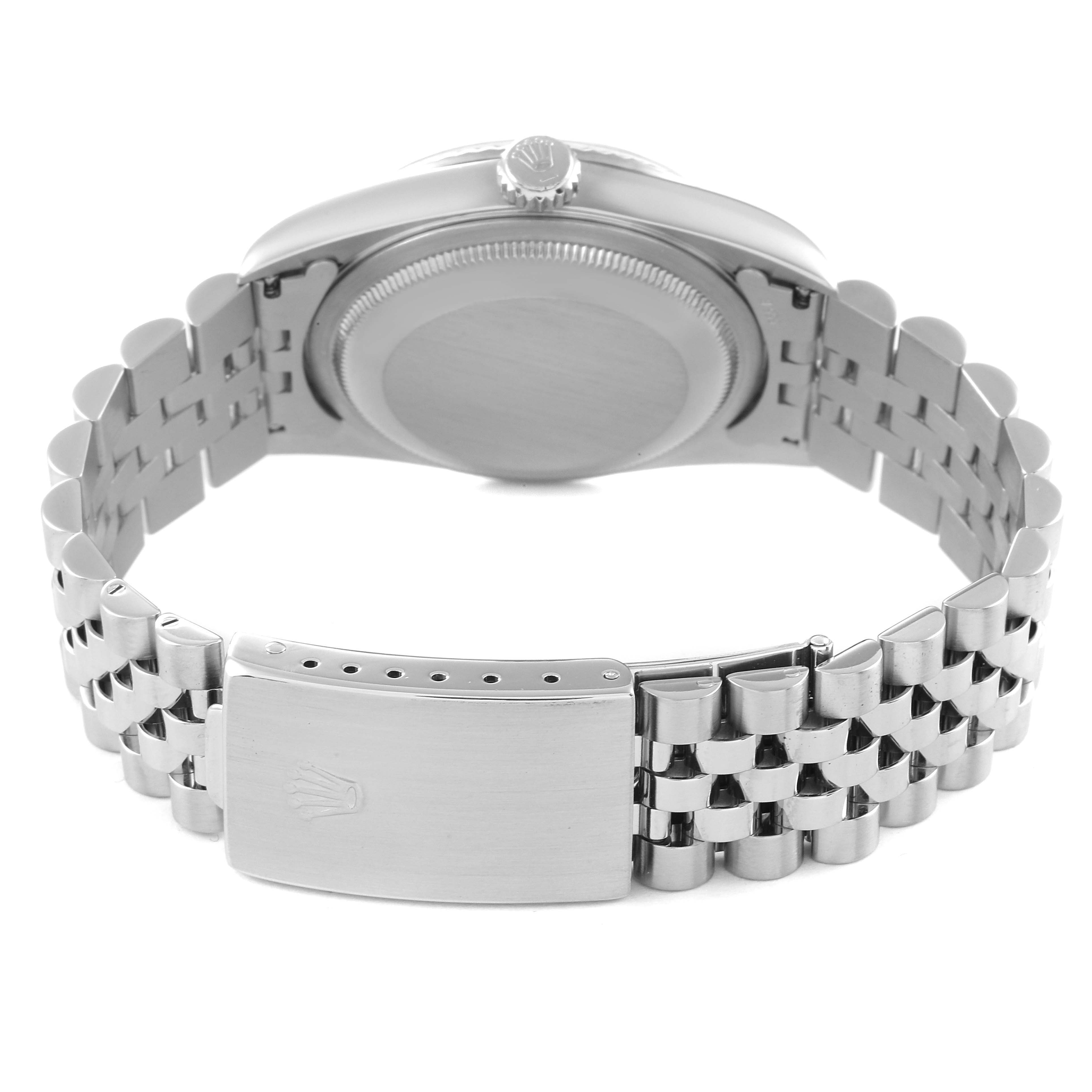 This image shows the case back and bracelet clasp of a Rolex Datejust 16234 Men's Stainless Steel Black Dial 16234 Men's Stainless Steel Black Dial watch from the rear angle.