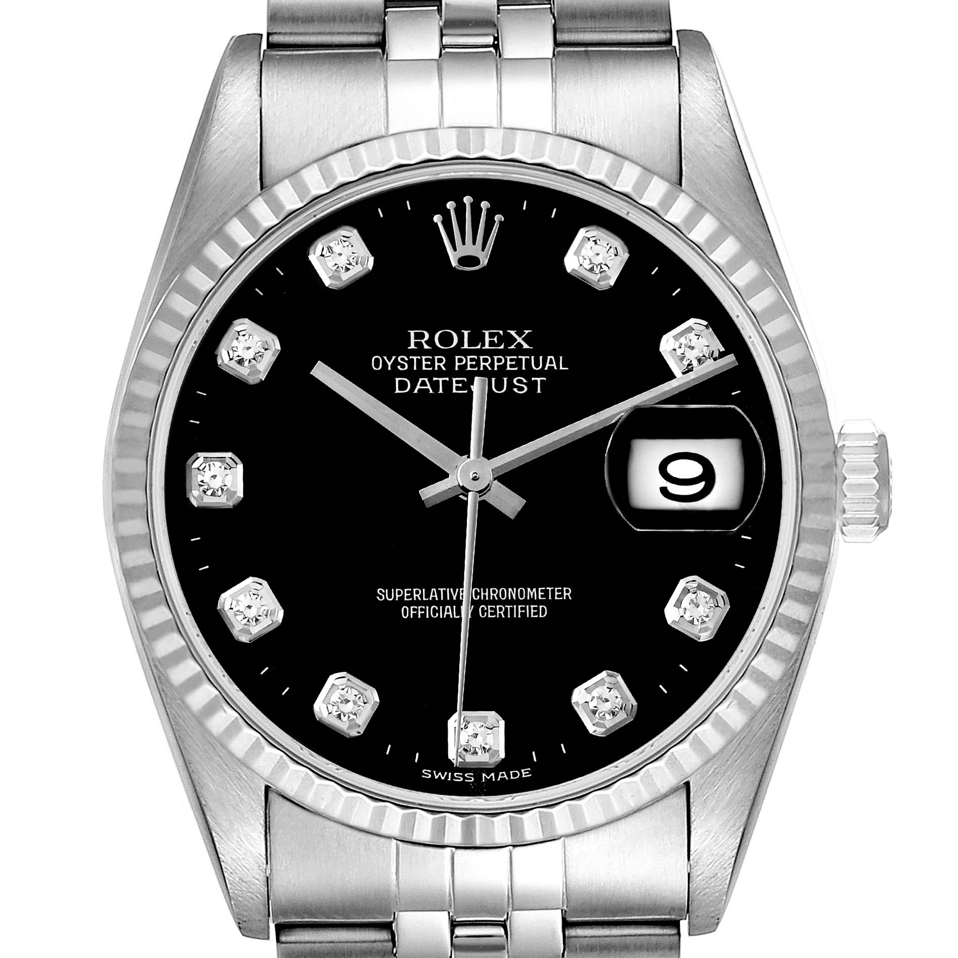 This image shows a frontal view of the Rolex Datejust 16234 Men's Stainless Steel Black Dial 16234 Men's Stainless Steel Black Dial watch, highlighting the black dial, diamond hour markers, and date window.