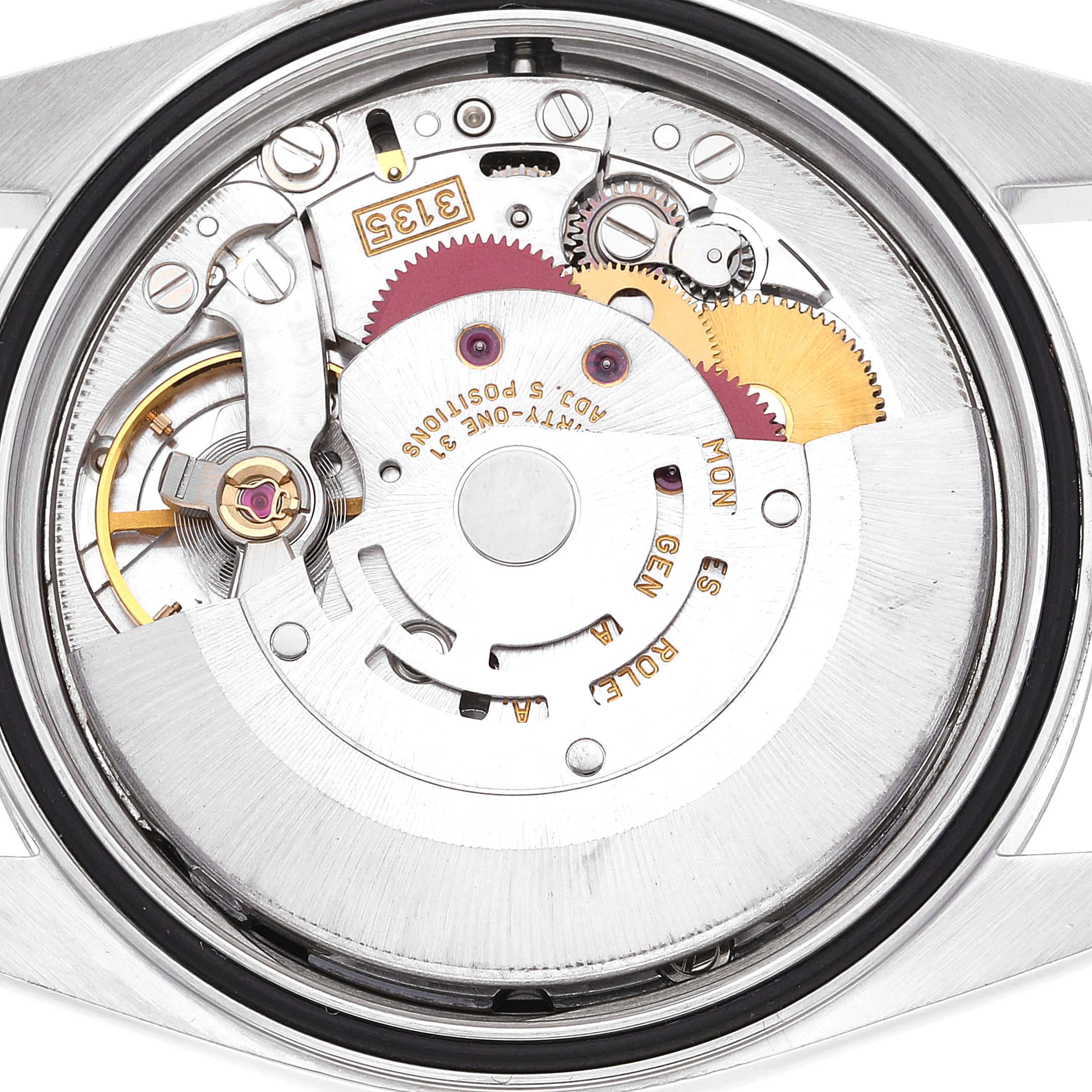 The image shows the inner mechanism and movement of a Rolex Datejust 16234 Men's Stainless Steel Black Dial 16234 Men's Stainless Steel Black Dial watch viewed from the back.