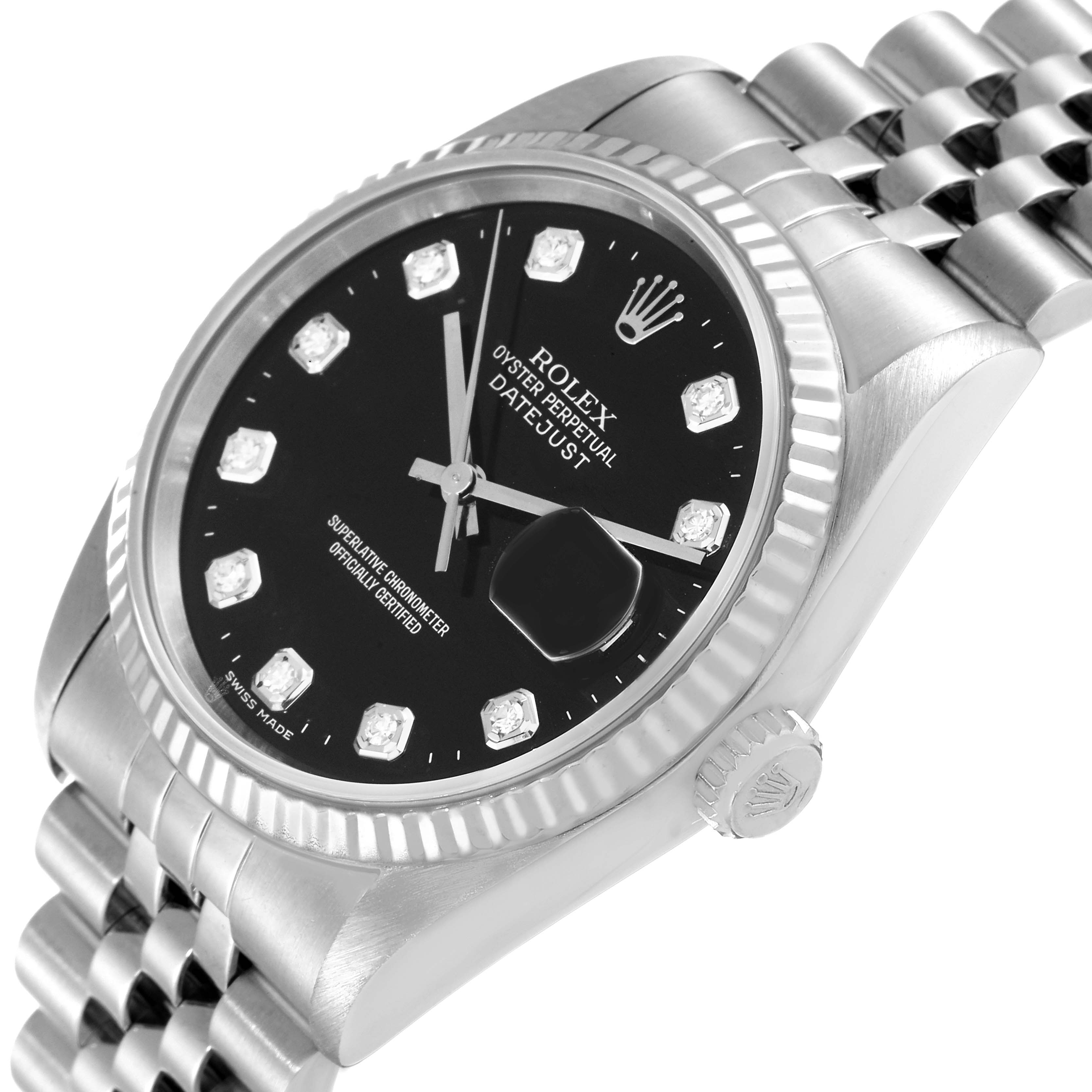The image shows a close-up view of a Rolex Datejust 16234 Men's Stainless Steel Black Dial 16234 Men's Stainless Steel Black Dial watch, highlighting its black dial, fluted bezel, and Jubilee bracelet.