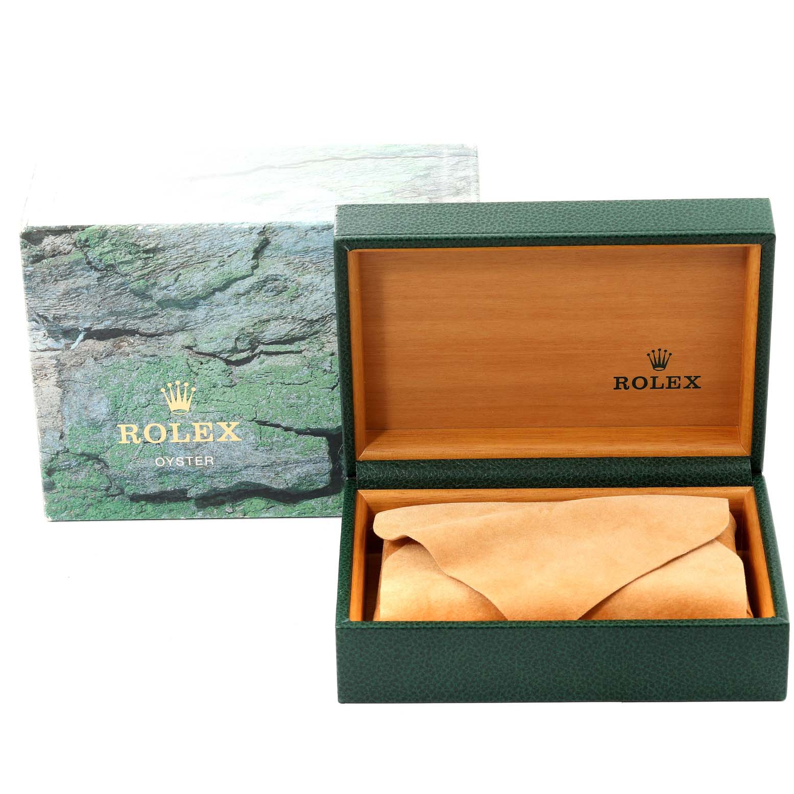 The image shows a green Rolex Datejust 16234 Men's Stainless Steel Black Dial 16234 Men's Stainless Steel Black Dial watch box with its lid open, revealing an interior cushion for the watch.