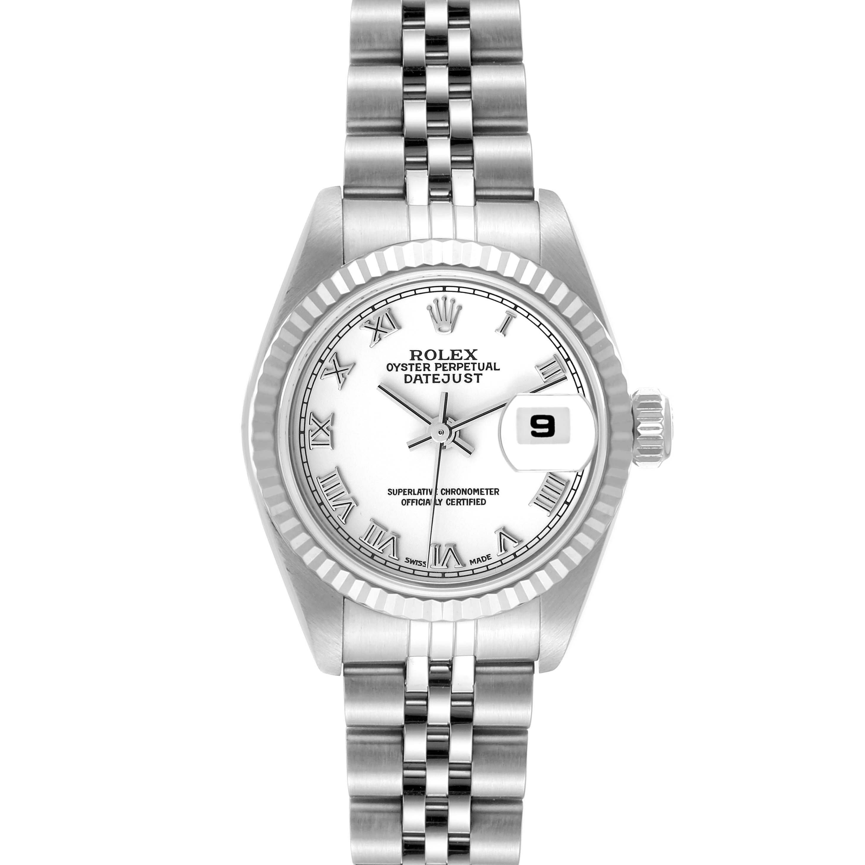 This image shows a front view of the Rolex Datejust 79174 Women's Stainless Steel White Dial 79174 Women's Stainless Steel White Dial model watch, highlighting the dial, bracelet, and date window.