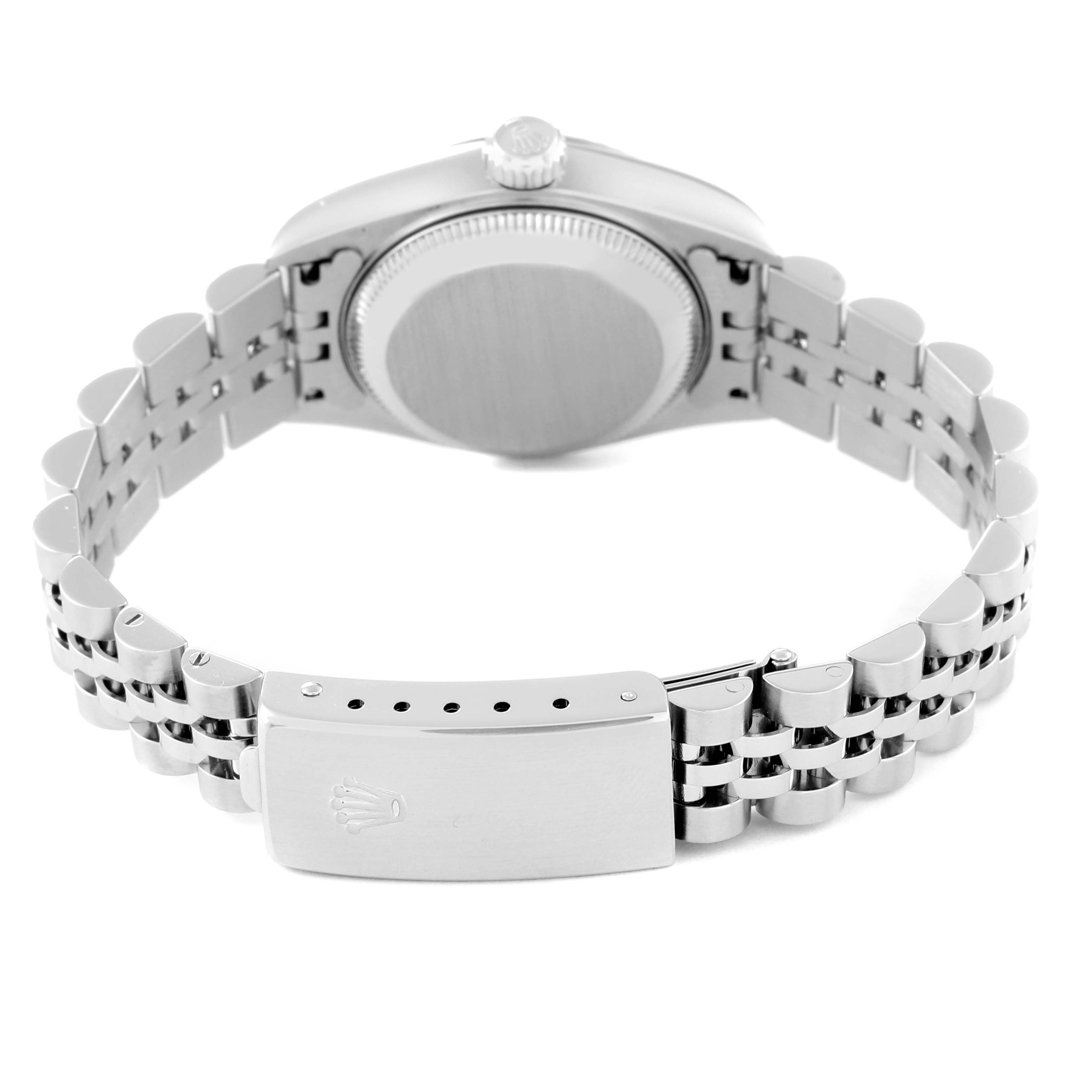 This image shows the back view of a Rolex Datejust 79174 Women's Stainless Steel White Dial 79174 Women's Stainless Steel White Dial watch, featuring its clasp and stainless steel bracelet.