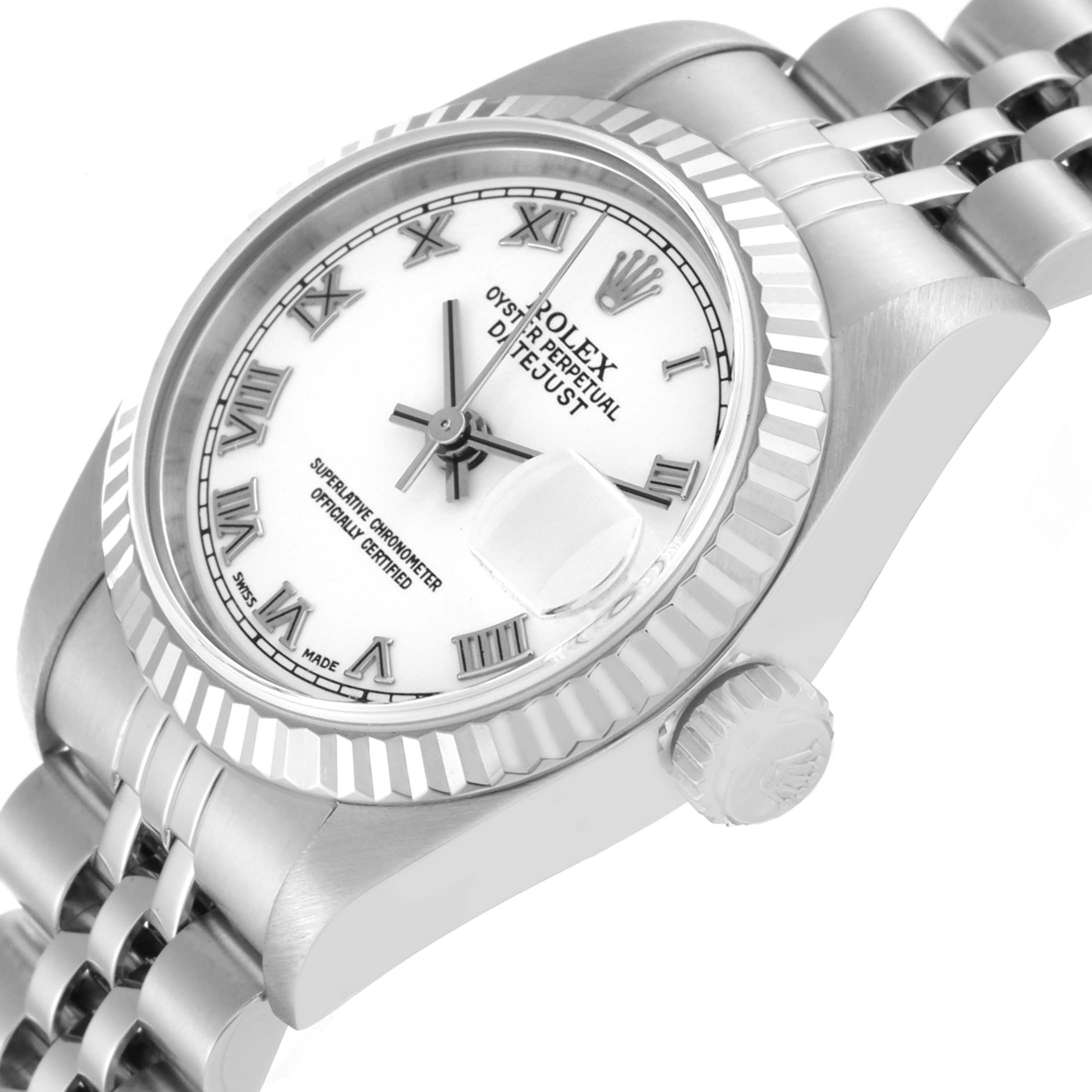 The image shows a close-up angle of a Rolex Datejust 79174 Women's Stainless Steel White Dial 79174 Women's Stainless Steel White Dial watch, highlighting the dial, fluted bezel, crown, and part of the bracelet.