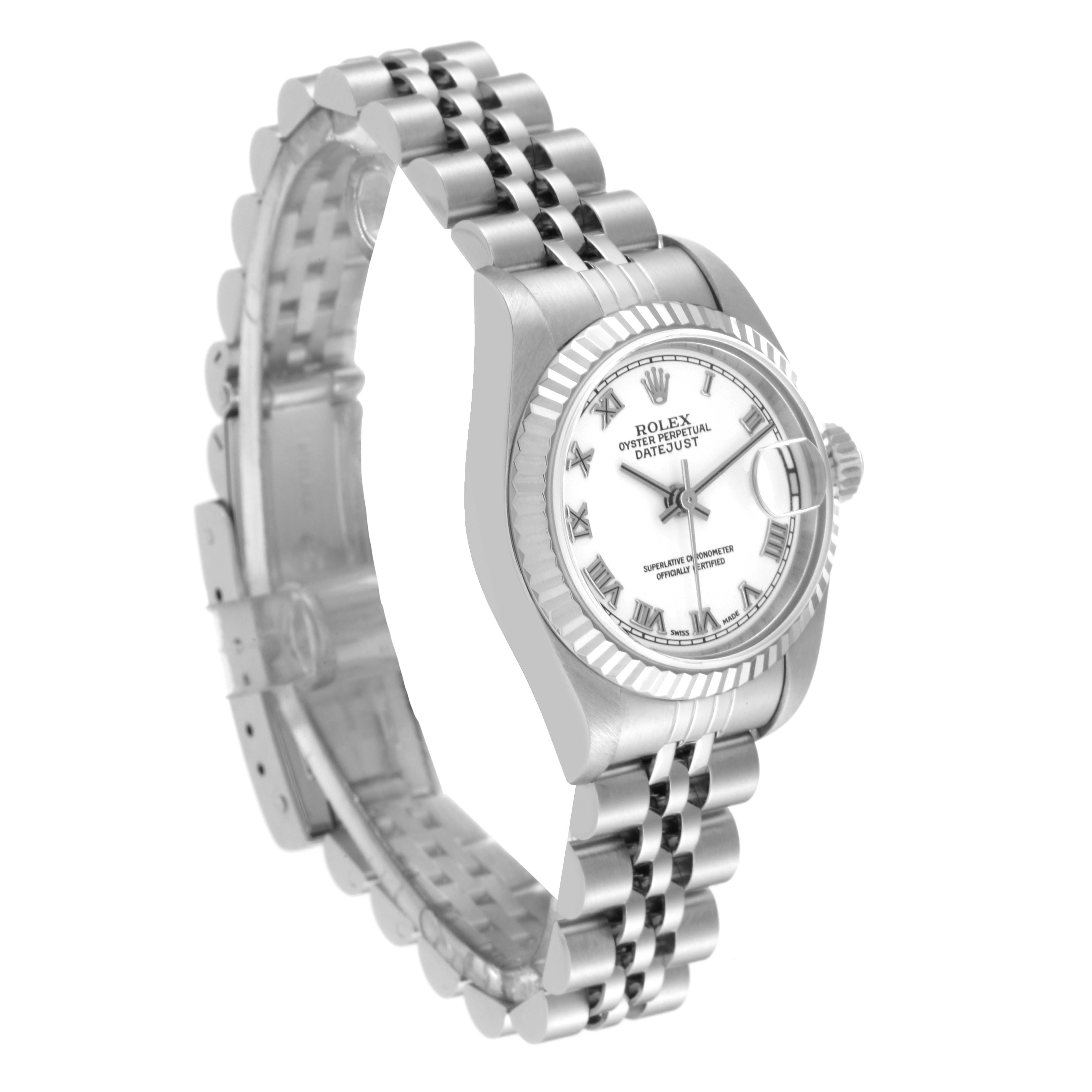 This image shows a Rolex Datejust 79174 Women's Stainless Steel White Dial 79174 Women's Stainless Steel White Dial watch from an angled side view, highlighting its dial, bezel, and bracelet.