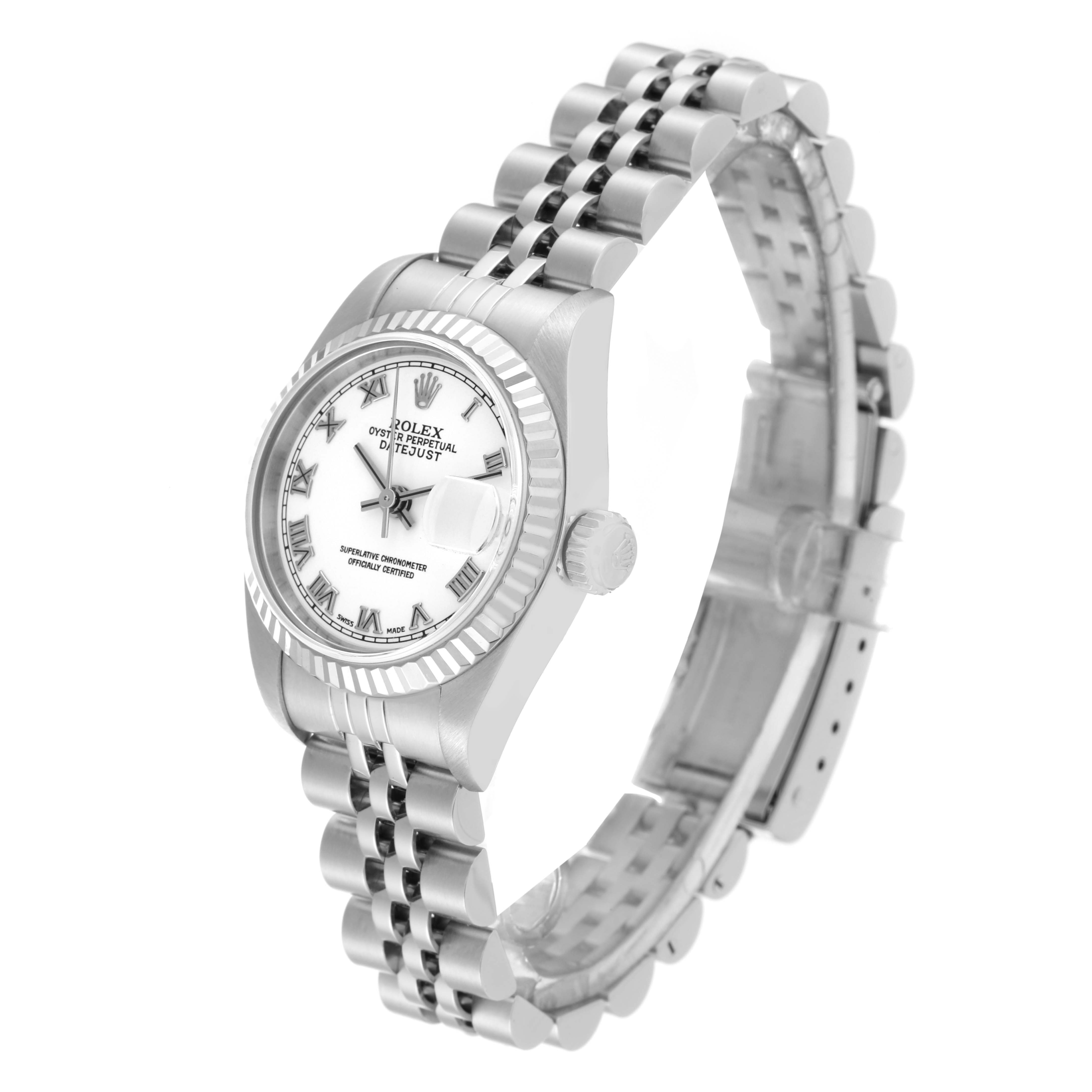 The Rolex Datejust 79174 Women's Stainless Steel White Dial 79174 Women's Stainless Steel White Dial watch is shown at an angled side view, displaying the dial, crown, bezel, and bracelet.