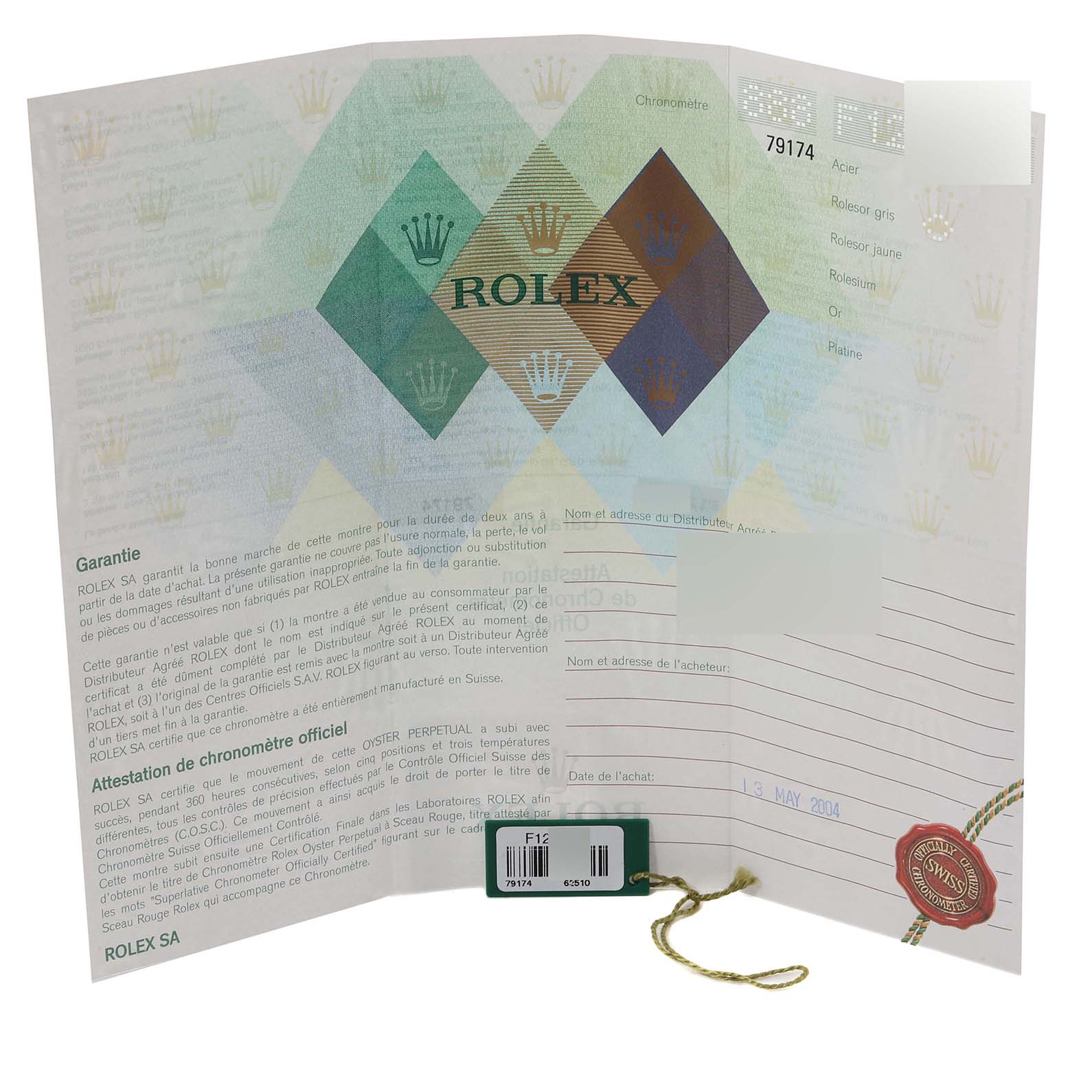 The image shows the warranty and certification papers for a Rolex Datejust 79174 Women's Stainless Steel White Dial 79174 Women's Stainless Steel White Dial model watch.