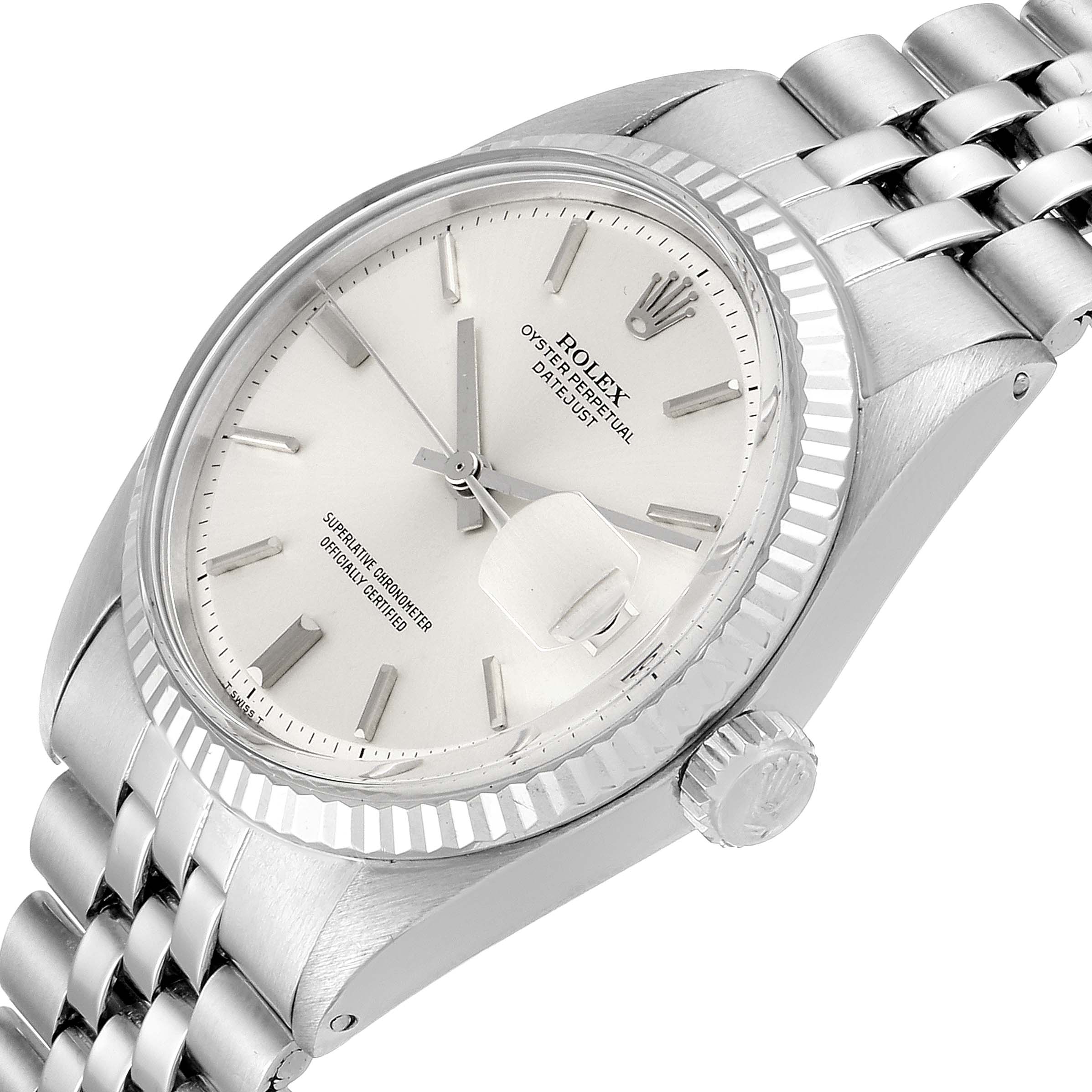 The Rolex Vintage Collection 1601 Men's Stainless Steel Silver Dial 1601 Men's Stainless Steel Silver Dial model watch is shown at an angled view, displaying the face, bezel, crown, and part of the bracelet.