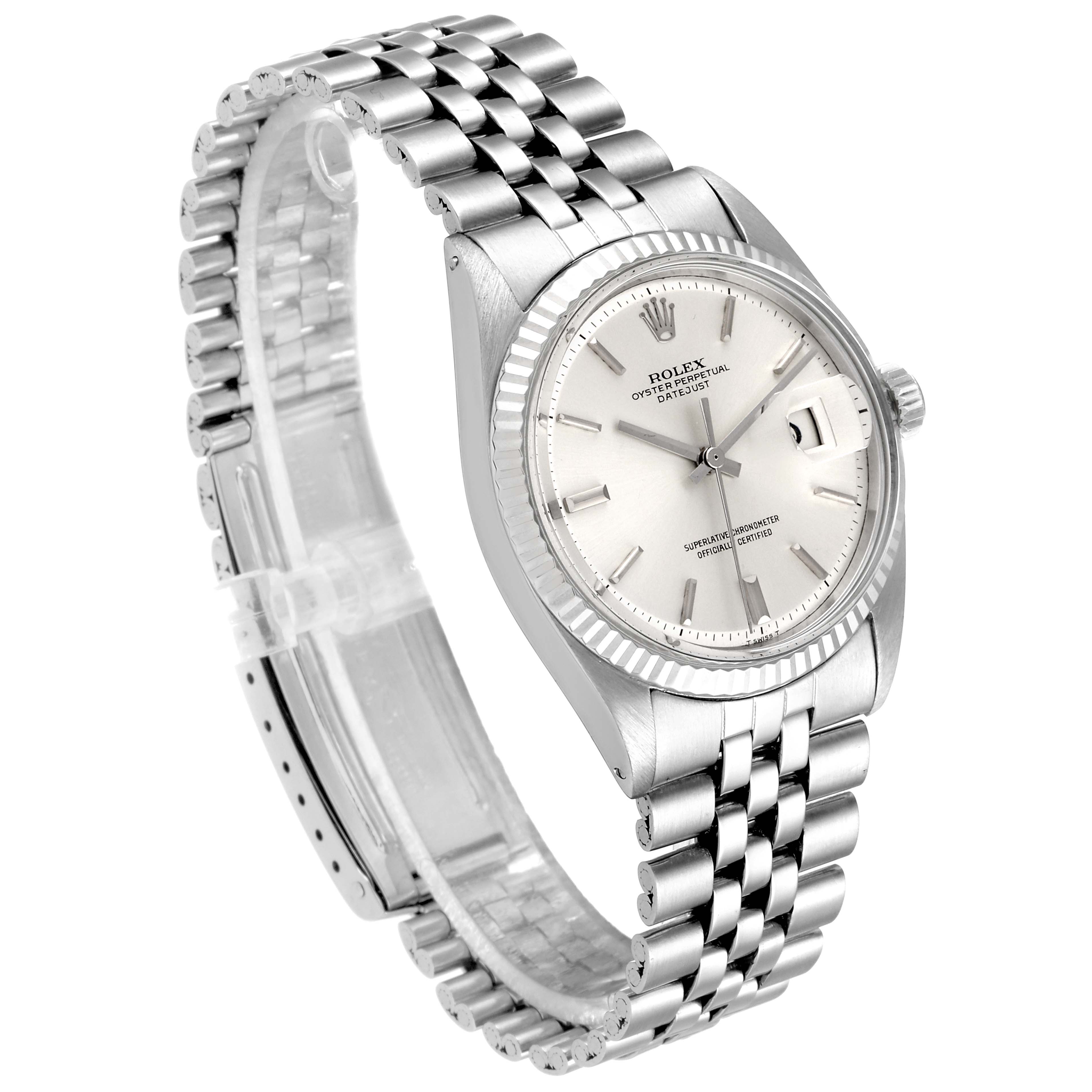 This image shows a side angle view of a Rolex Vintage Collection 1601 Men's Stainless Steel Silver Dial 1601 Men's Stainless Steel Silver Dial watch, highlighting the face, bezel, and metal bracelet.