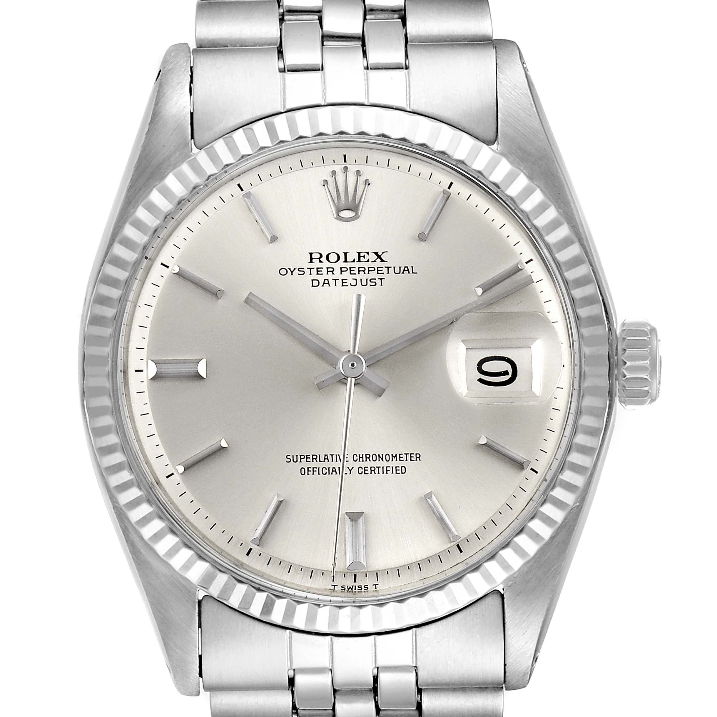 The Rolex Vintage Collection 1601 Men's Stainless Steel Silver Dial 1601 Men's Stainless Steel Silver Dial model watch is shown from a front angle displaying the dial, bezel, crown, and part of the bracelet.