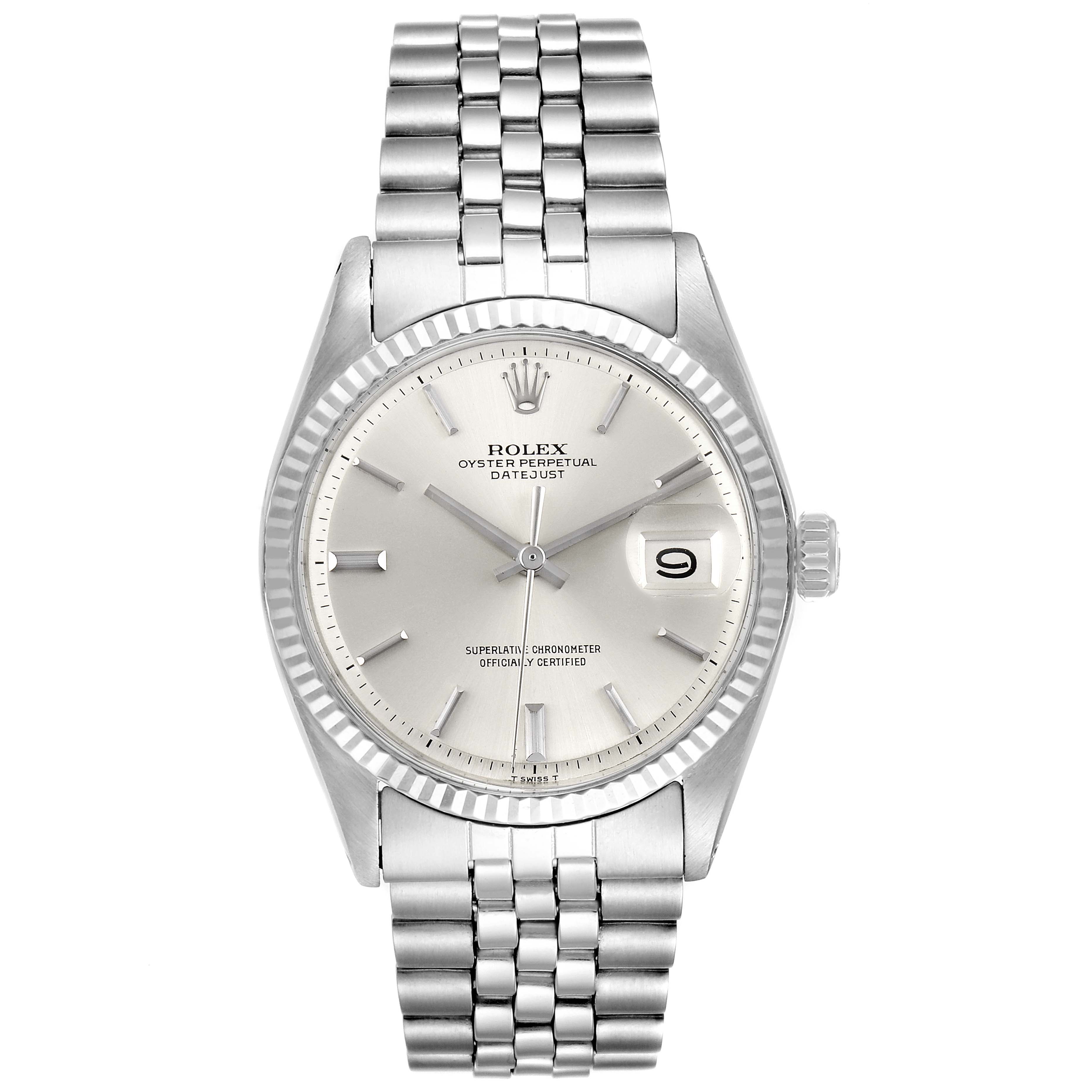 The image shows a Rolex Vintage Collection 1601 Men's Stainless Steel Silver Dial 1601 Men's Stainless Steel Silver Dial Oyster Perpetual Datejust watch, displaying its face, case, and bracelet in a frontal view.