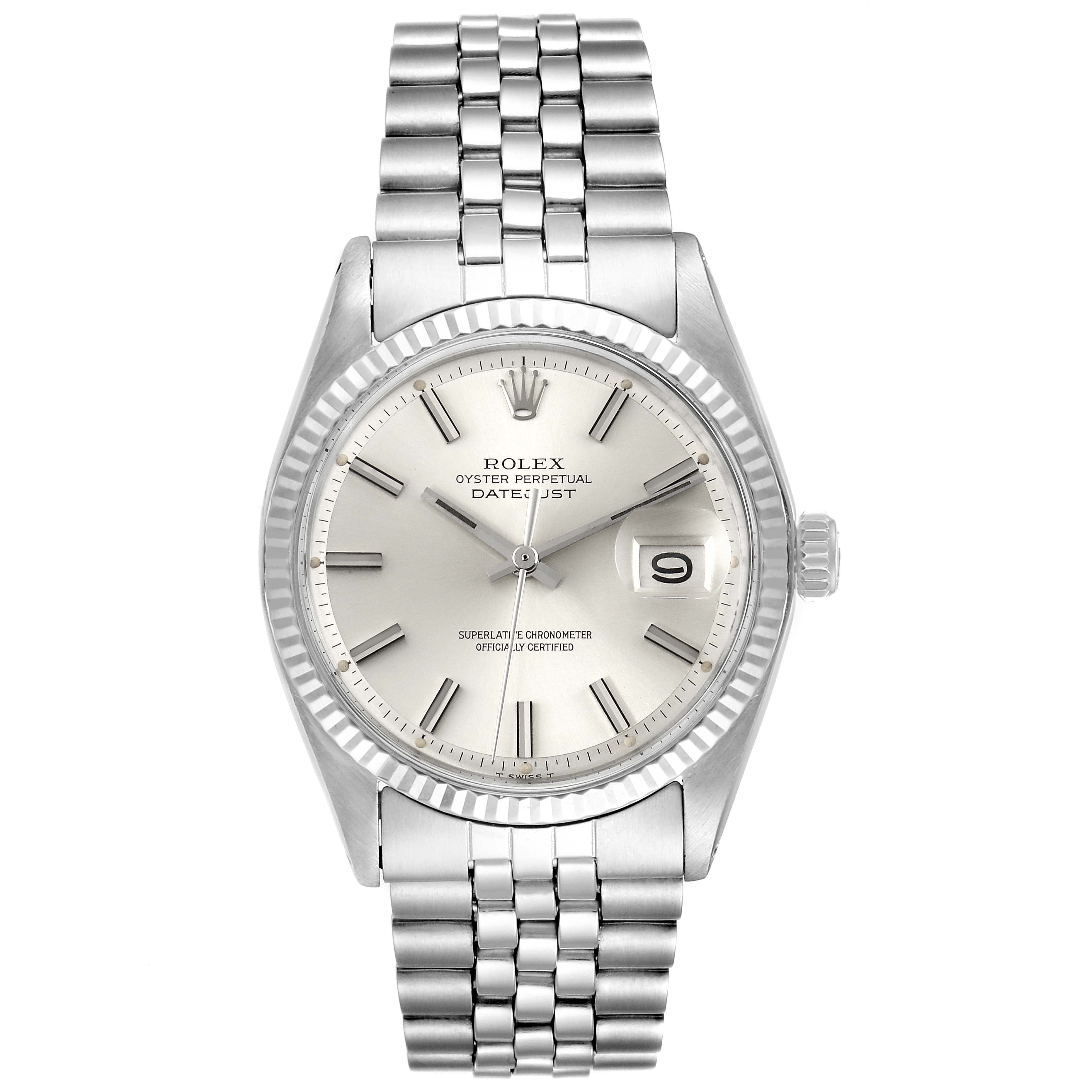 The Rolex Vintage Collection 1601 Men's Stainless Steel Silver Dial 1601 Men's Stainless Steel Silver Dial model is shown from a front angle, displaying the dial, bezel, bracelet, and crown.