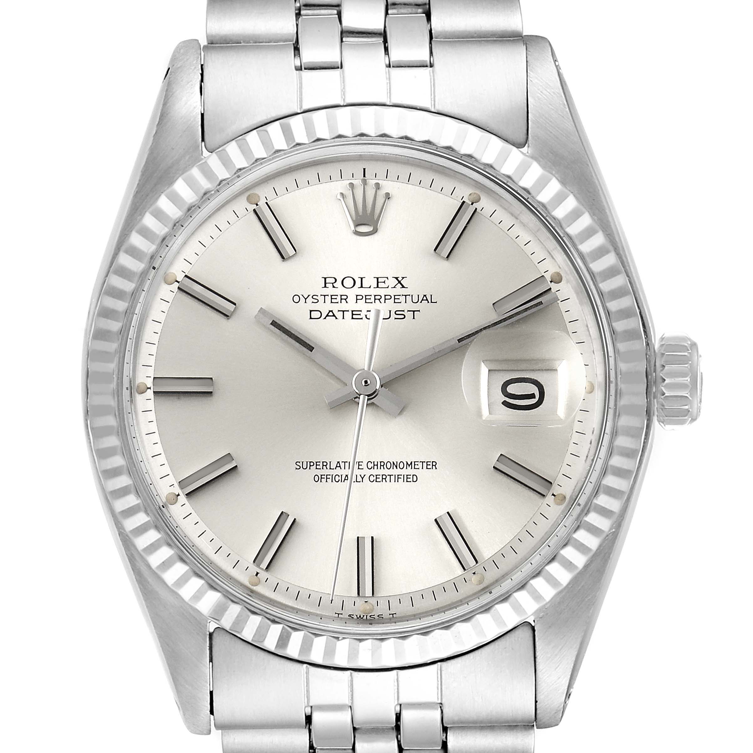 The image shows a front view of the Rolex Vintage Collection 1601 Men's Stainless Steel Silver Dial 1601 Men's Stainless Steel Silver Dial model, highlighting the dial, bezel, and bracelet.