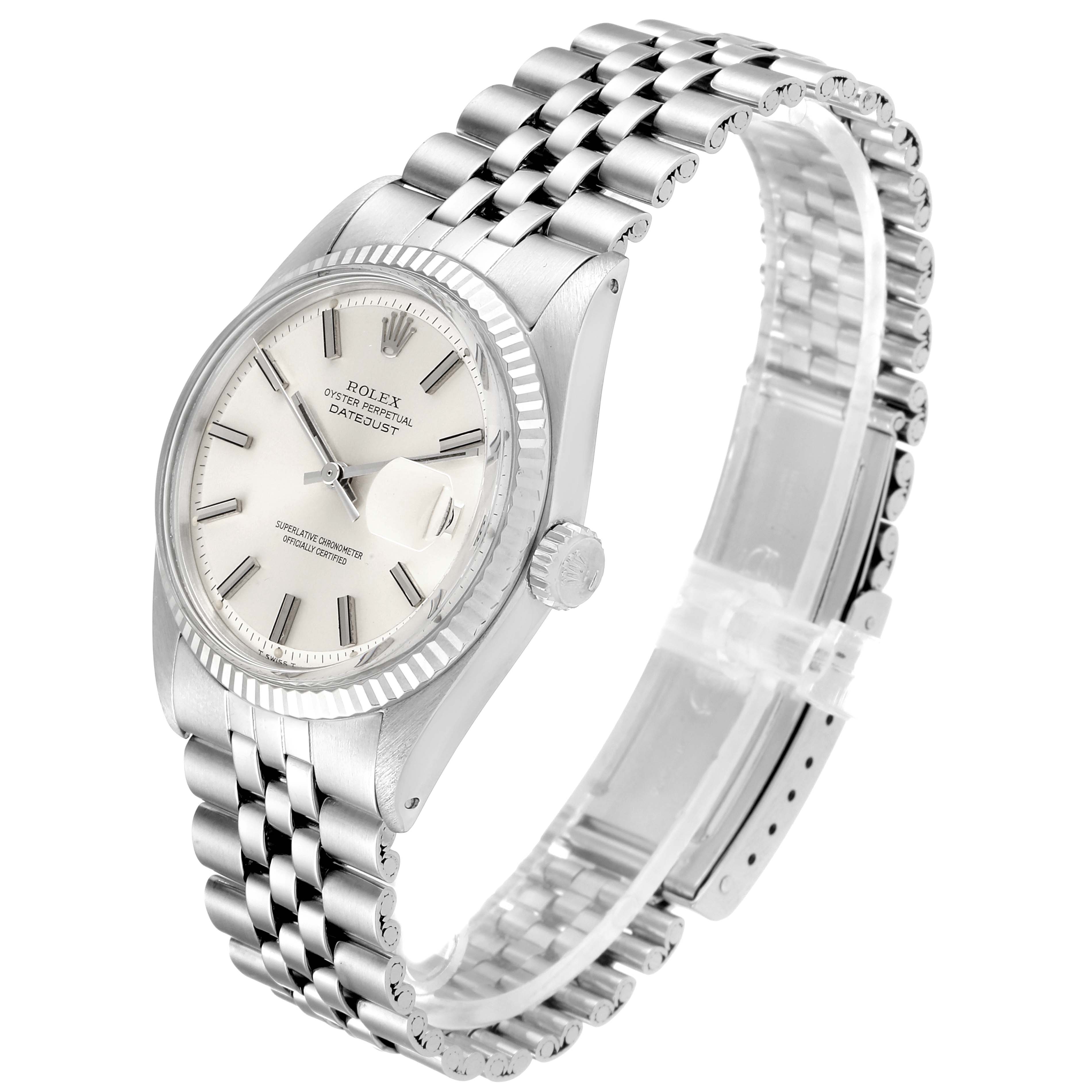 This Rolex Vintage Collection 1601 Men's Stainless Steel Silver Dial 1601 Men's Stainless Steel Silver Dial watch model is shown at an oblique angle highlighting the face, bezel, crown, and jubilee bracelet.